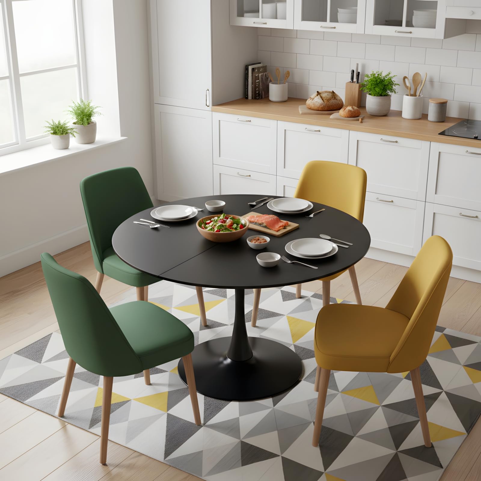 Tavolo da pranzo rotondo nero, 110 cm, tavolo da cucina rotondo per 4-6 persone, stile moderno, base centrale in metallo stabile, per cucina, sala da pranzo, soggiorno, balcone, ufficio, nero
