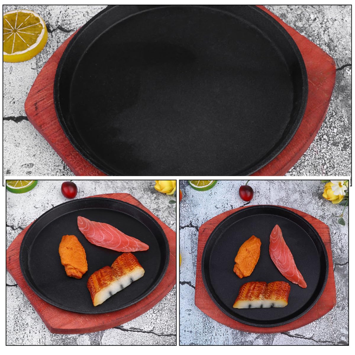 Kichvoe Padella in Ghisa Rotonda con Base in Legno per Bistecca, Distribuzione Uniforme del Calore e Rivestimento Antiaderente, per Cucina Casalinga e Ristorante