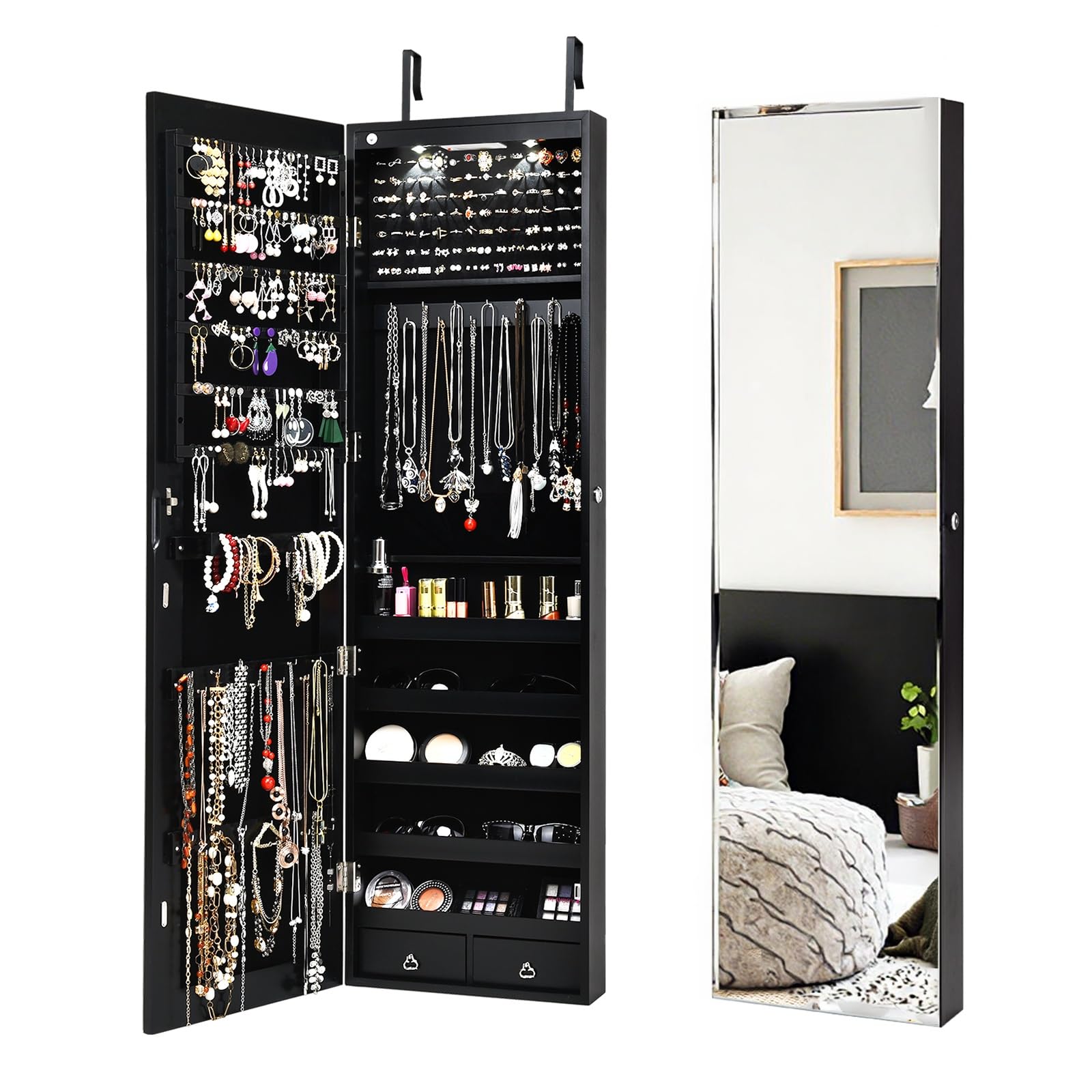 HOMGX LED Mirror Jewelry Cabinet, 47.5” Wall or Door Mounted Makeup Storage Organizer w/Full Length Mirror & 2 Drawers & Large Storage Space, Lockable Jewelry Armoire Organizer (Black)