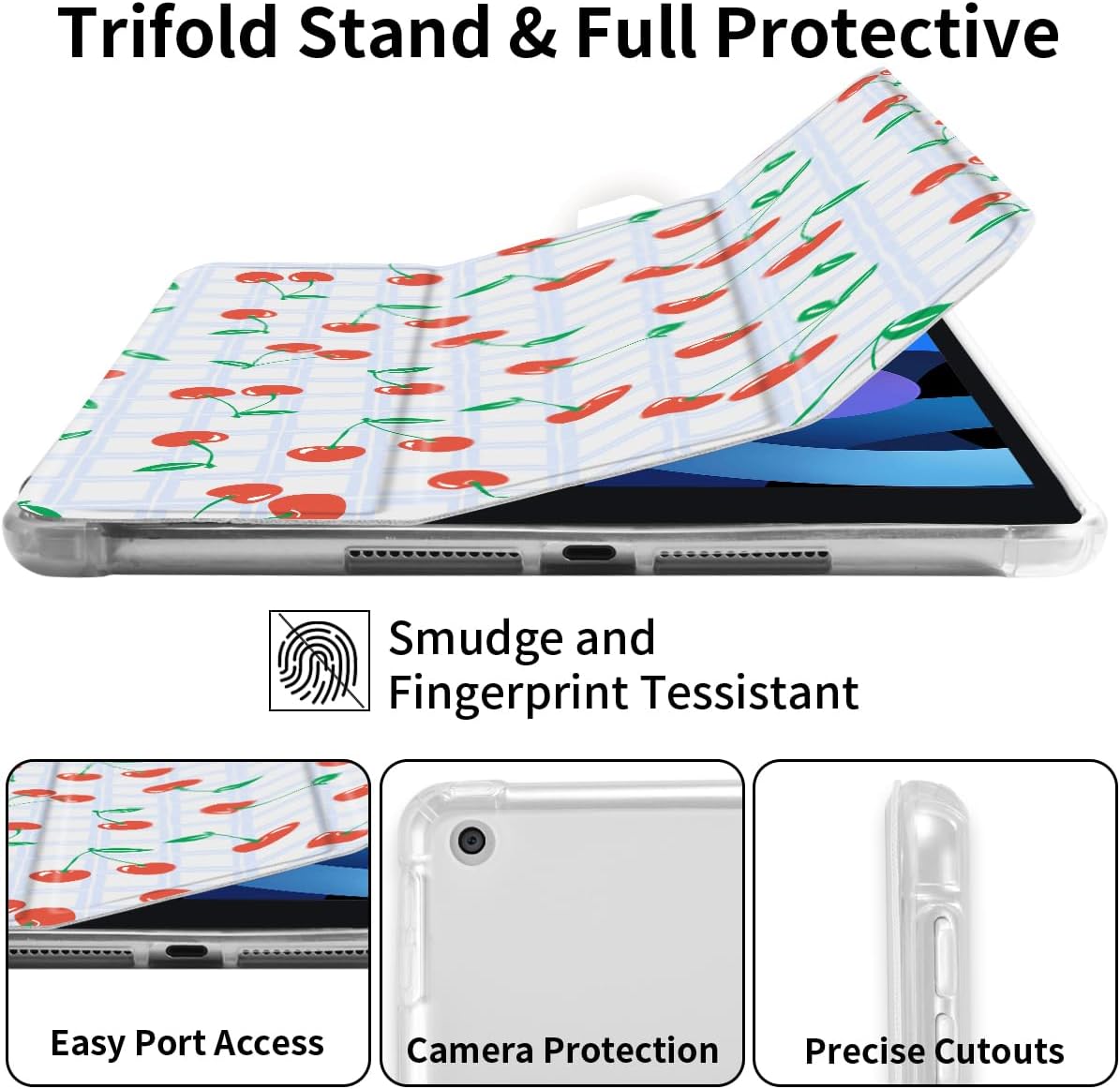 Cute Cherry Pad Case for 10.9 Inch iPad 2022/2025, Clear TPU Smart Stand Back Cover with Pencil Holder, for iPad 10th/11th Generation Auto Wake/Sleep Foldable Protective Case