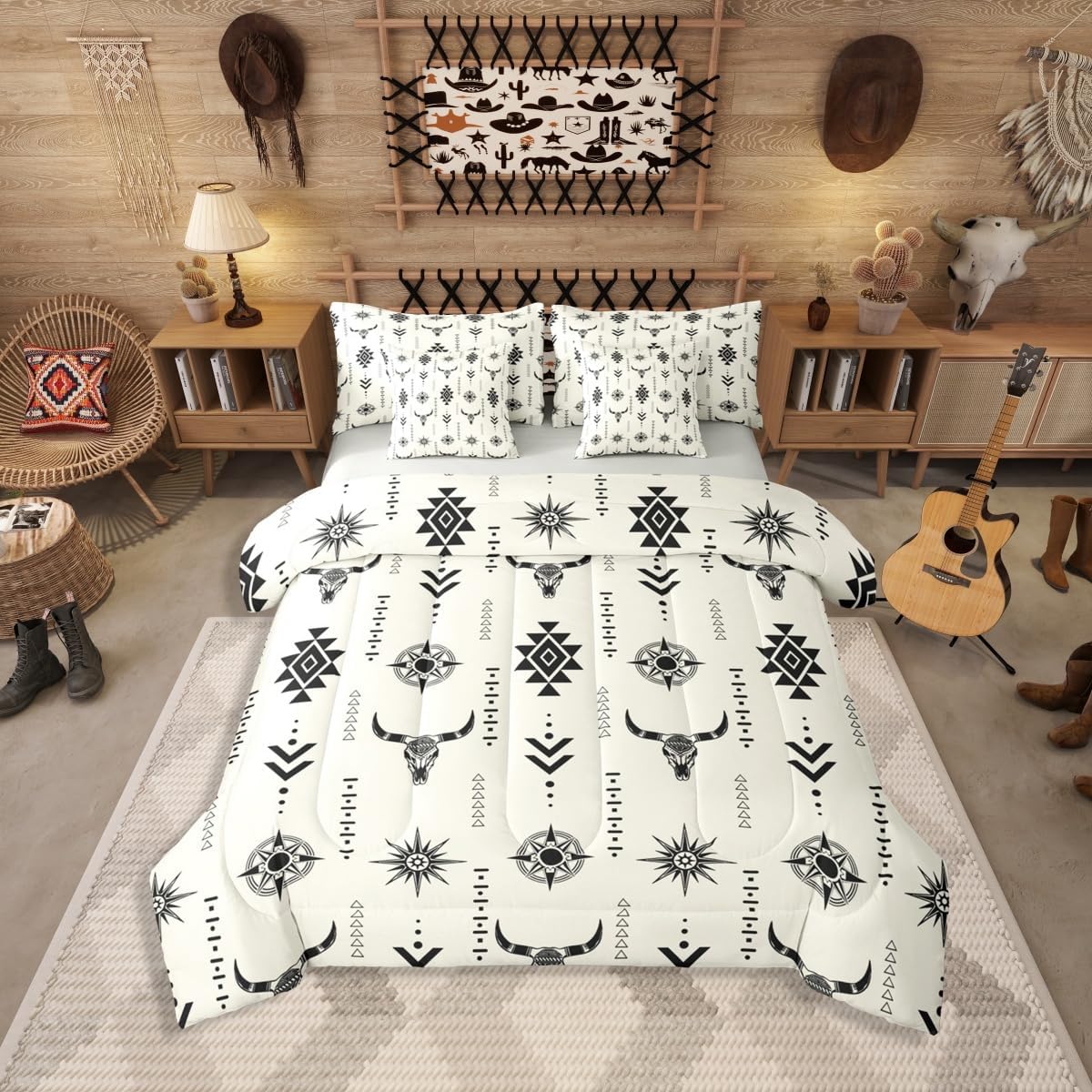 Ethnic Tribal Arrow 7 Pieces Bedding Set Queen,Southwestern Rustic Aztec Bed in a Bag,Geometric Diamond Bed Set Includes Comforter,Sheet Set,Pillowcases & Pillow Covers,Blue Grey Beige Bedroom Decor