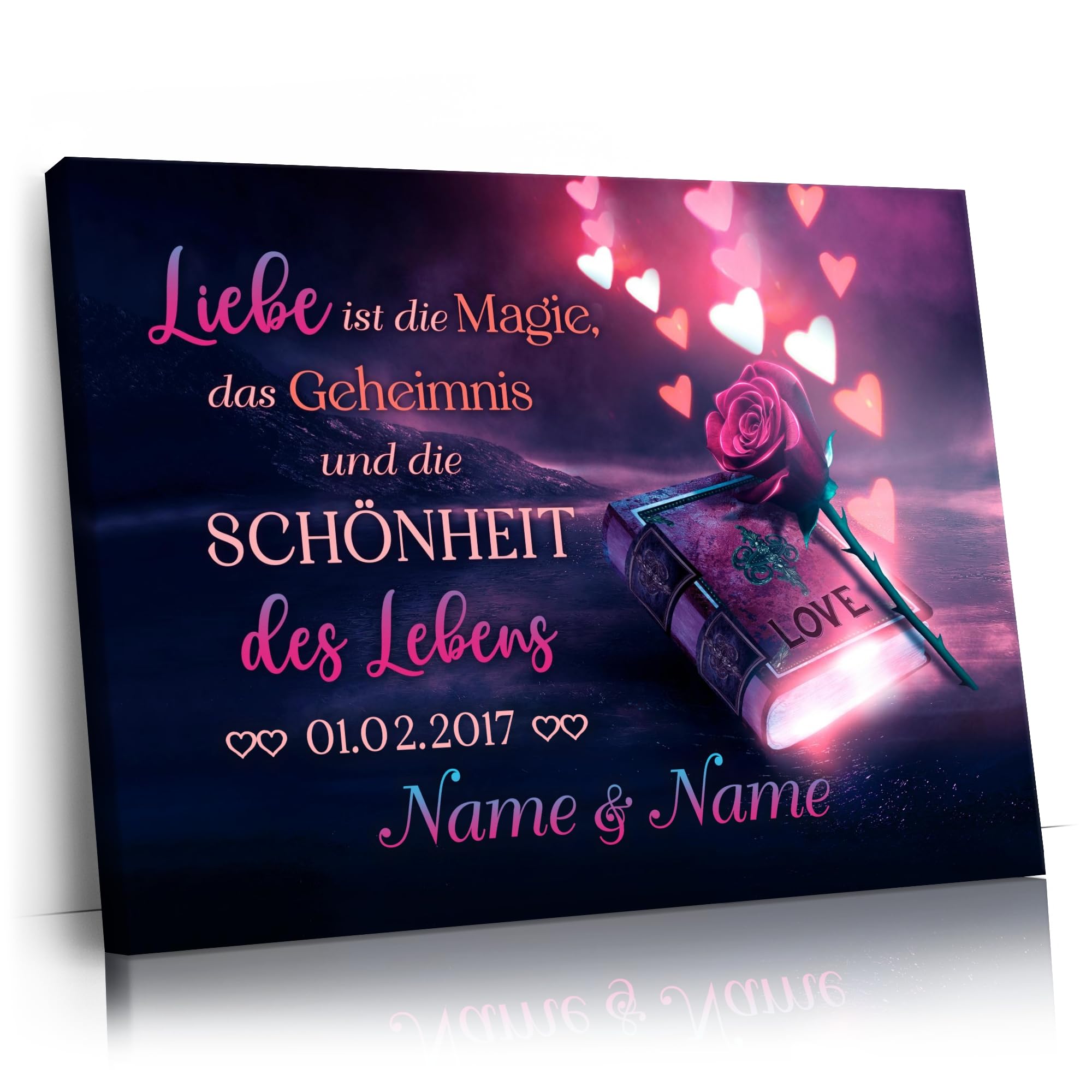 Liebesleinwand Personalisiertes Leinwandbild gestalten | Magie der Liebe | Geschenk zum Jahrestag, Hochzeitstag, Verlobung, Hochzeit | Leinwandbild gestalten mit Namen und Datum