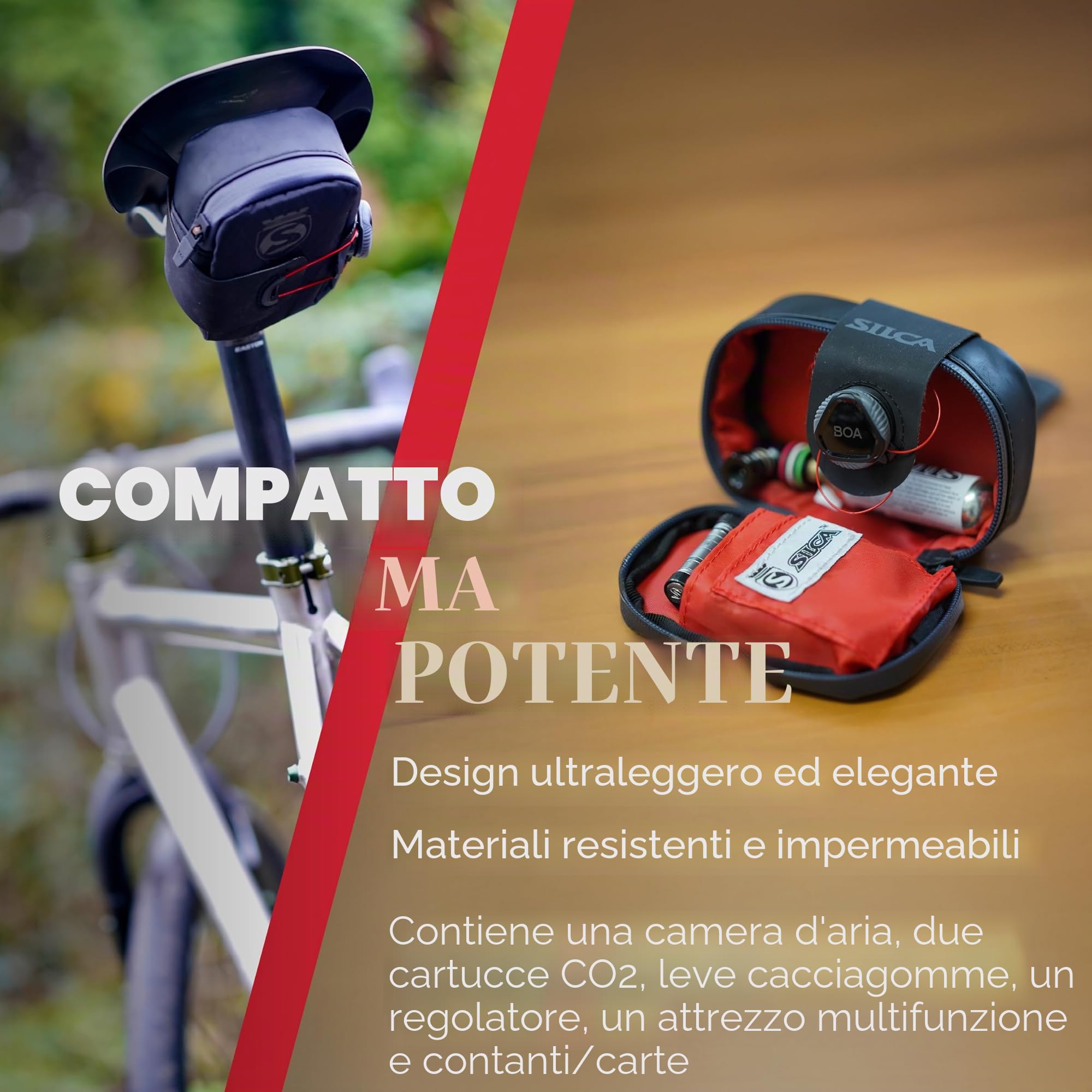 SILCA MATTONE | Borsa per bici con sistema di chiusura BOA | Impermeabile YKK Zipper Storage | Borsa da sella per bici da strada | Piccola borsa per bici | Borse per bici sotto il sedile