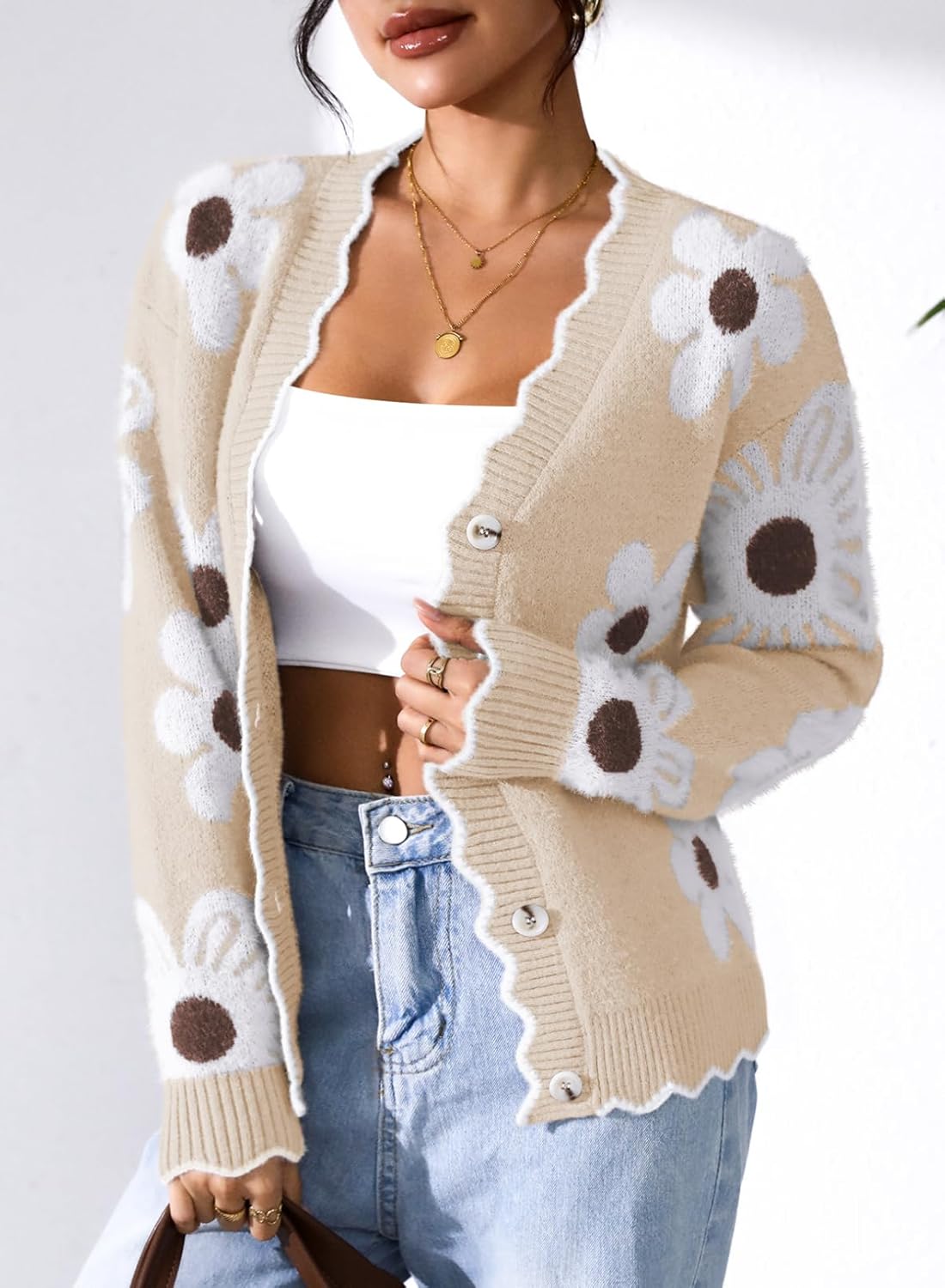 Pink Queen Fuzzy Sweater Cardigan for Women 2025 Fashion Long Sleeve Flower Outerwear Button Down Open Front Cardigan Coat - Image 7