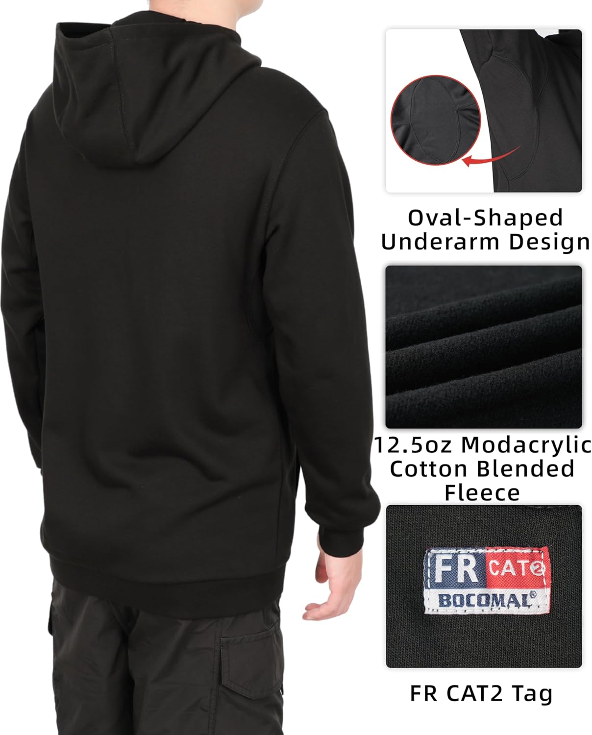 BOCOMAL FR Hoodies Pullover 12.5oz Heavyweight Permanent Flame Resistant Modacrylic Cotton Hooded Sweatshirts - Image 4