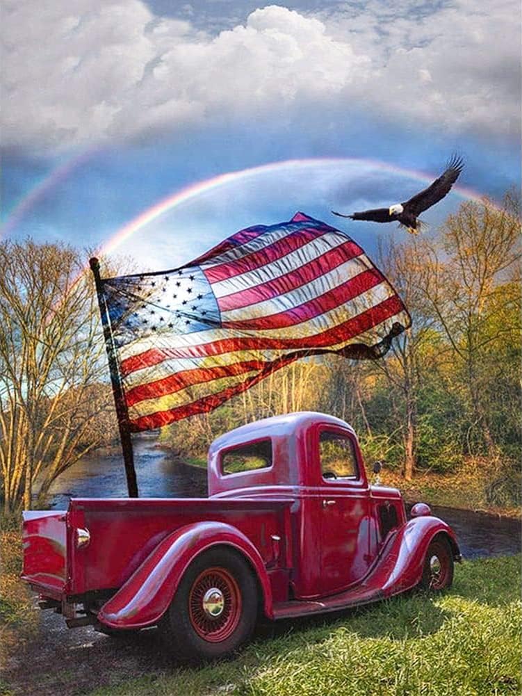 Diamond Painting Kits for Adults Kids, 5D DIY Car & American Flag Diamond Art Accessories with Full Drill for Home Wall Decor - 11.8×15.7Inch