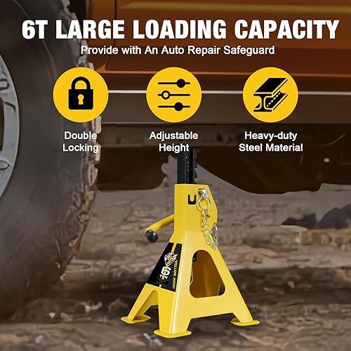 Miniatura 9 de Soporte para gato de automóvil de 3 toneladas con doble bloqueo y base de pie grande para elevación de SUV, acero resistente, capacidad de 6600