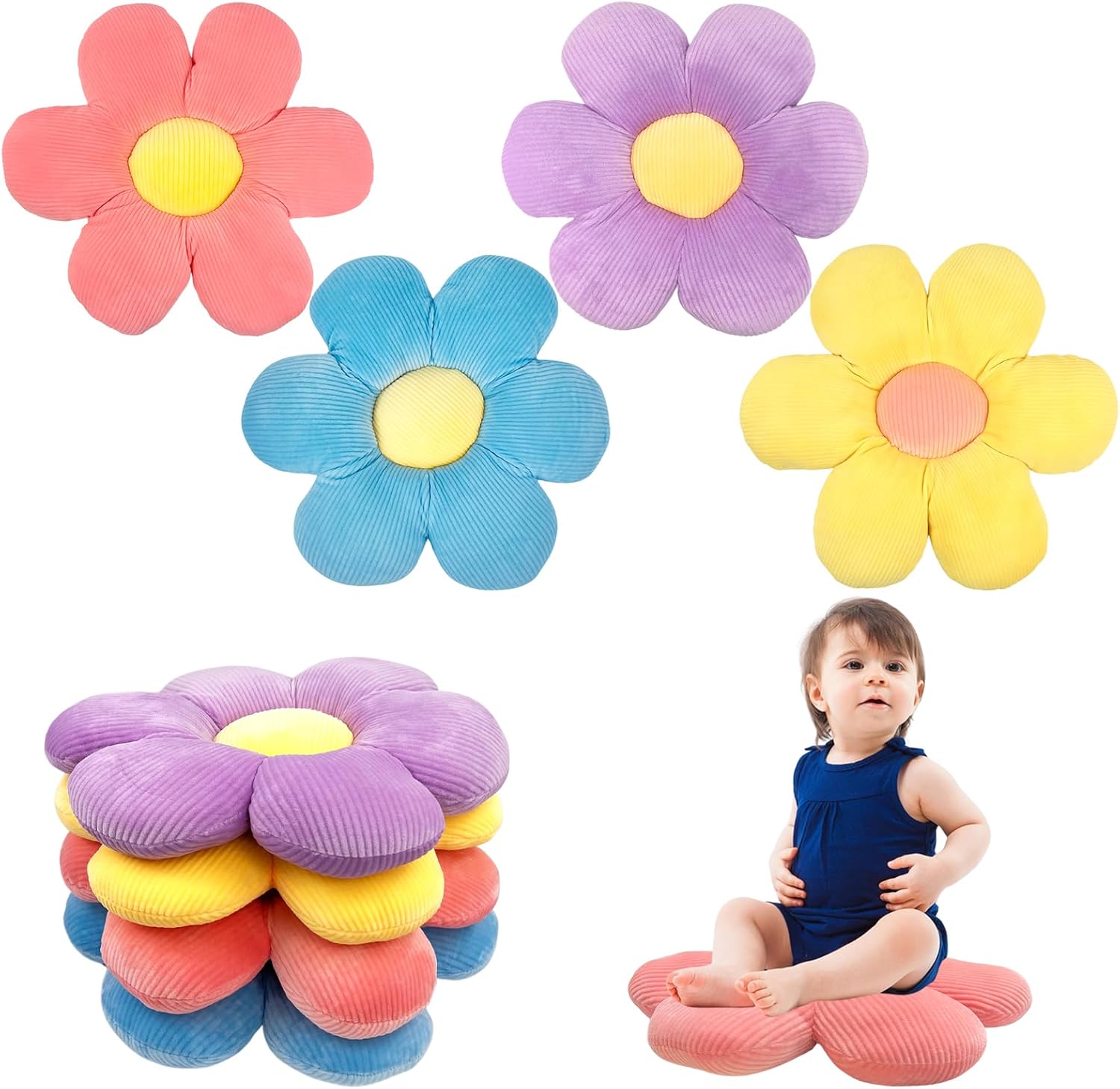 CIEOVO 4 Pcs Plush Throw Pillows, 16 Inch Cute Daisy Shaped Floor Cushions, Aesthetic Seat Cushions for Home, Kids Seating, Bedroom Sofa Decor