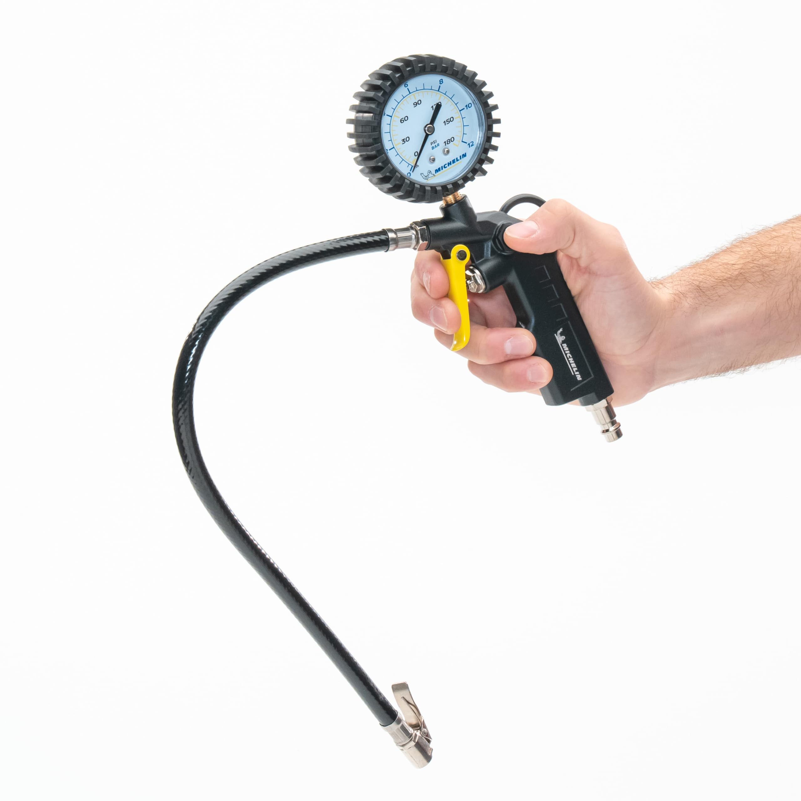 Michelin Gonfiagomme con Manometro a Doppia Scala, Pistola di Gonfiaggio con Tubo Flessibile, Manometro Compressore con Campo di Pressione 0-8 Bar, Impugnatura Comoda, Ugelli Inclusi, Nero
