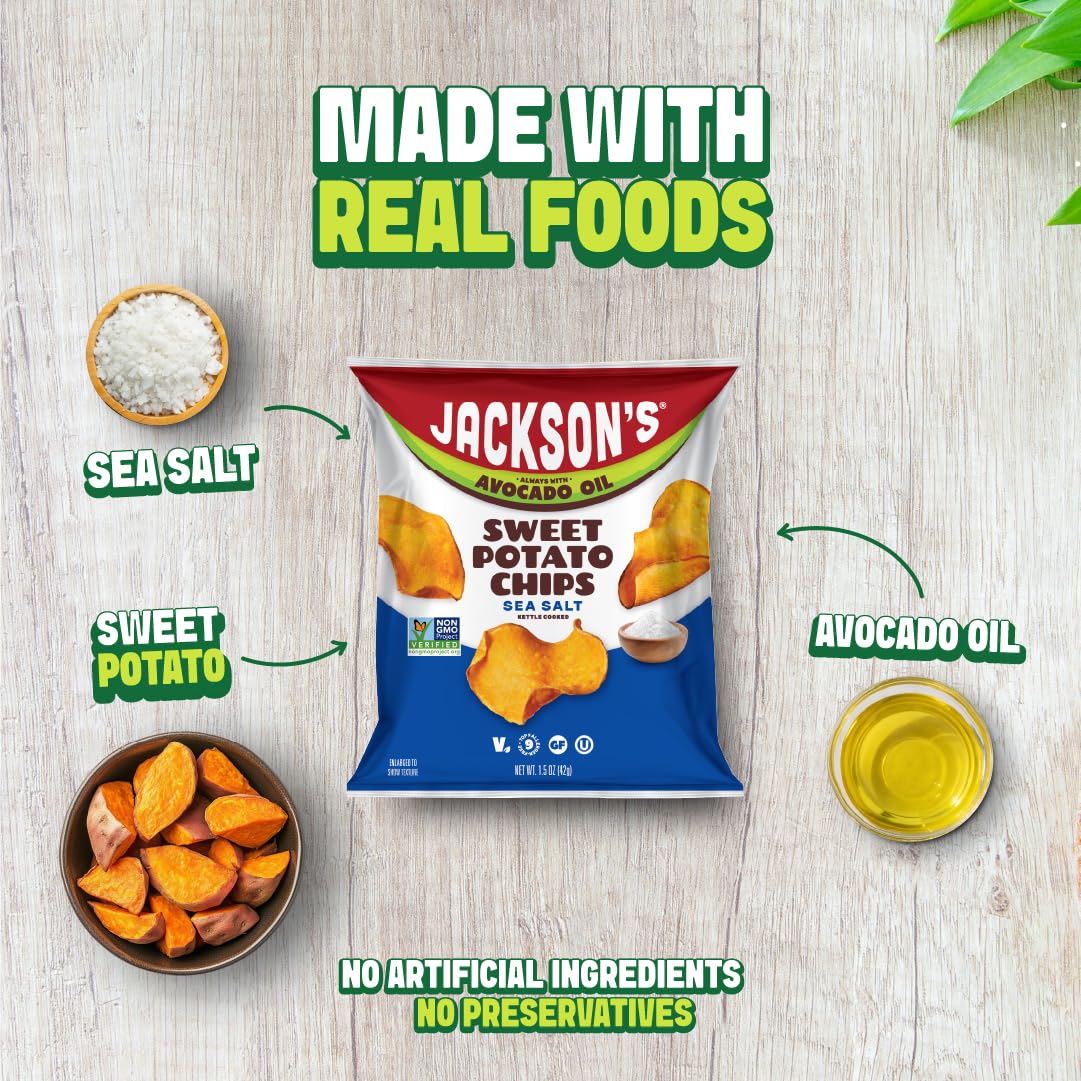 Jackson’s Sweet Potato Kettle Chips with Sea Salt made with Premium Avocado Oil (1.5 Ounce, Pack of 28) - Allergen-friendly, Gluten Free, Peanut Free, Vegan, Paleo Friendly - Shark Tank Product