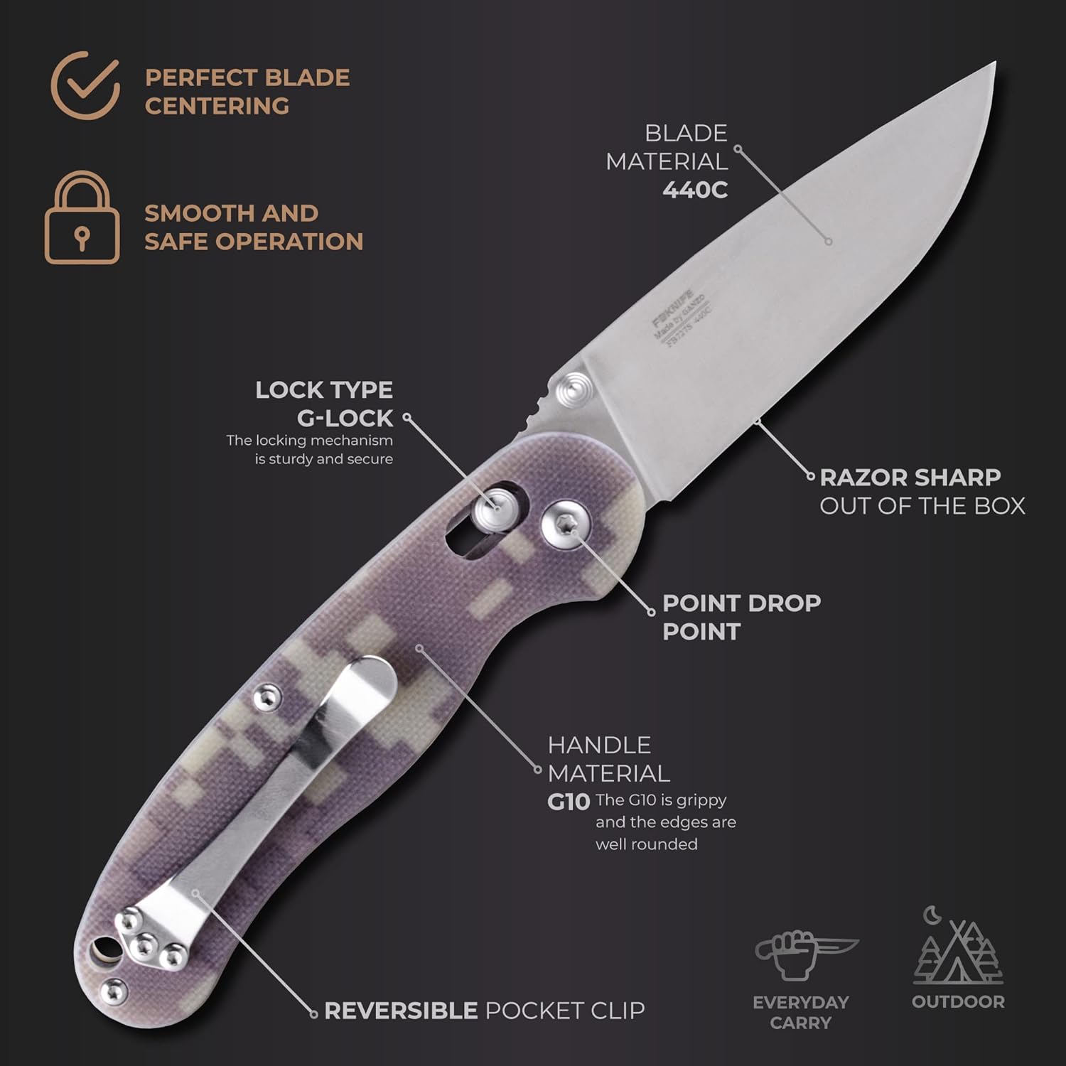 Firebird GANZO FB727S-CA Folding Pocket Knife 440C Stainless Steel Blade G10 Handle with Clip Hunting Fishing Outdoor EDC Knife (Camouflage)