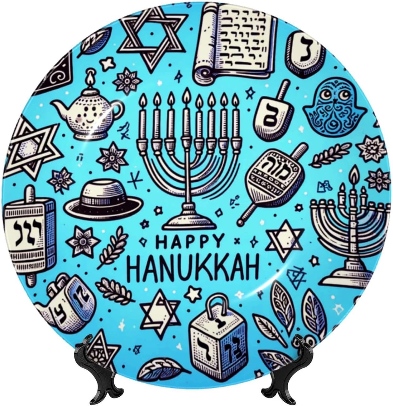 Happy-Hanukkah-Blue-Lit-Candles 10 Inch Decorative Plate With Stand, Elegant Display Wall Plate For Home Decor