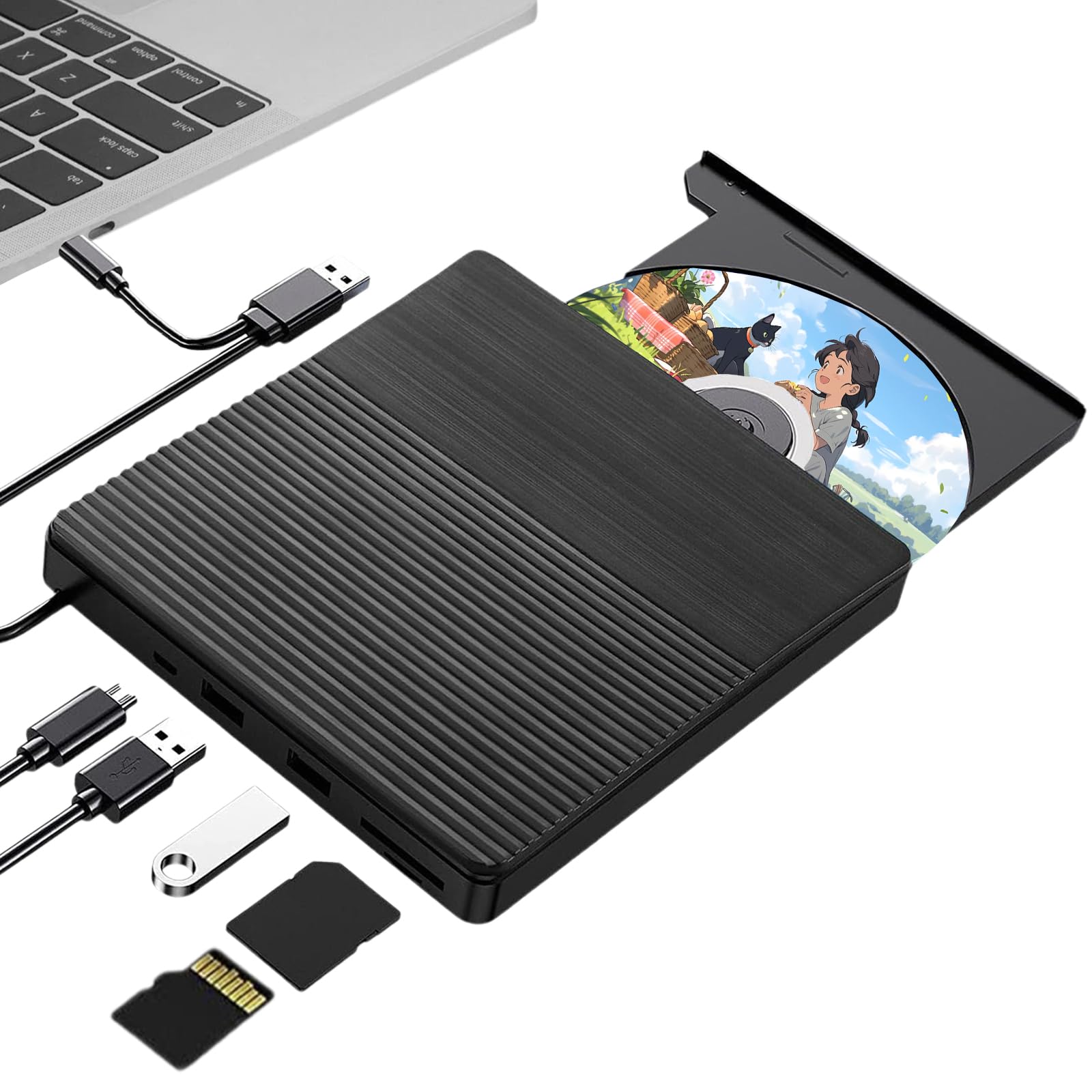 5 in 1 Masterizzatore ottico esterno multifunzione per laptop, masterizzatore ottico esterno, masterizzatore CD DVD, USB di tipo C 3.0, masterizzatore CD portatile con slot SD, per Windows, Mac OS