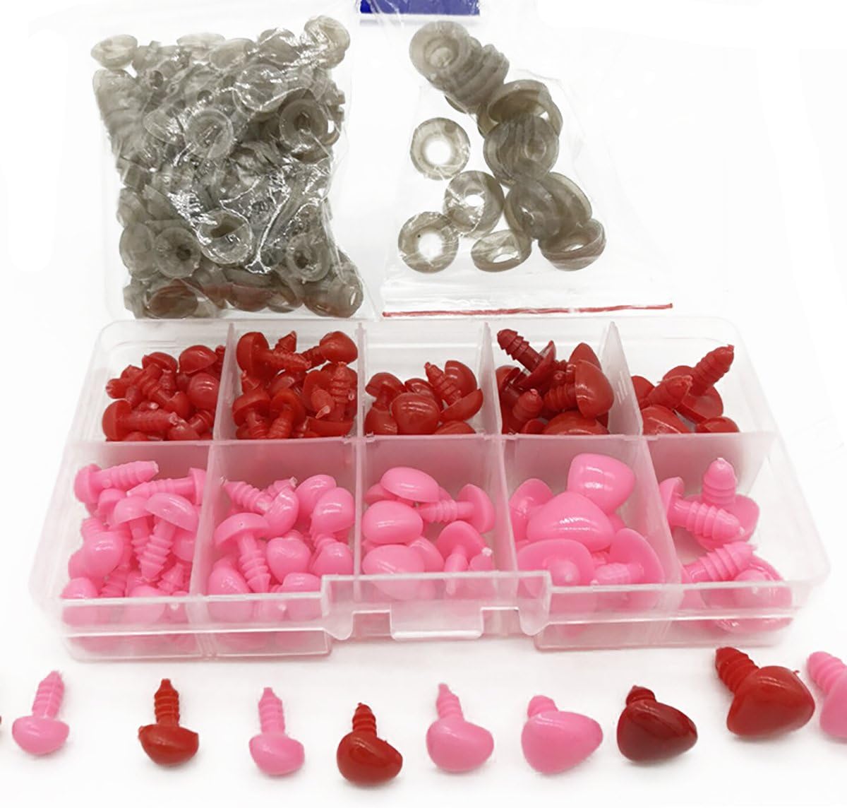 130PCS D-Shape 5 Sizes 8-16mm Plastic Safety Noses Eyes with Washers for Bear Doll Animal Puppet Crafts DIY Sewing Crafting Buttons (Pink/Red)