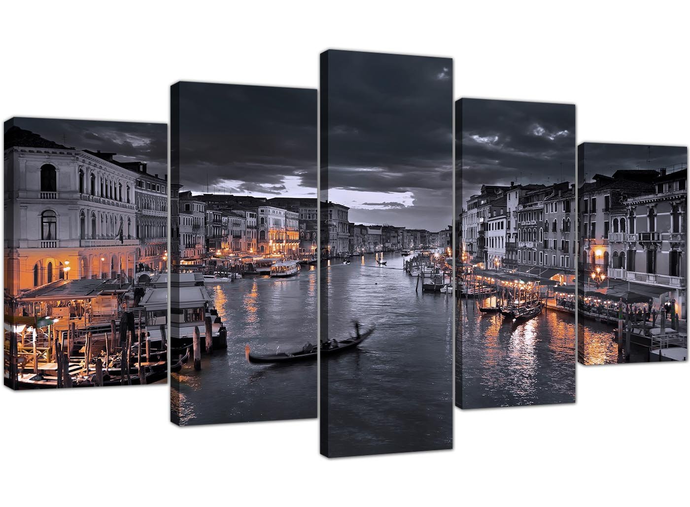 Wallfillers Black And White Extra Large Venice Grand Canal Italy - Landscape Canvas Split 5 Panel - 160Cm Wide - 5229