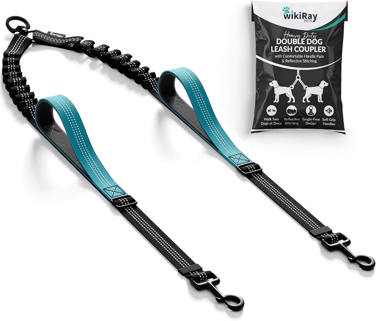 wikiRay Double Dog Leash Coupler – Heavy Duty, No Tangle Dual Dogs Lead Splitter with Reflective Stitching and Padded Handle – Two Dogs Leash for Walking (Sea Green)