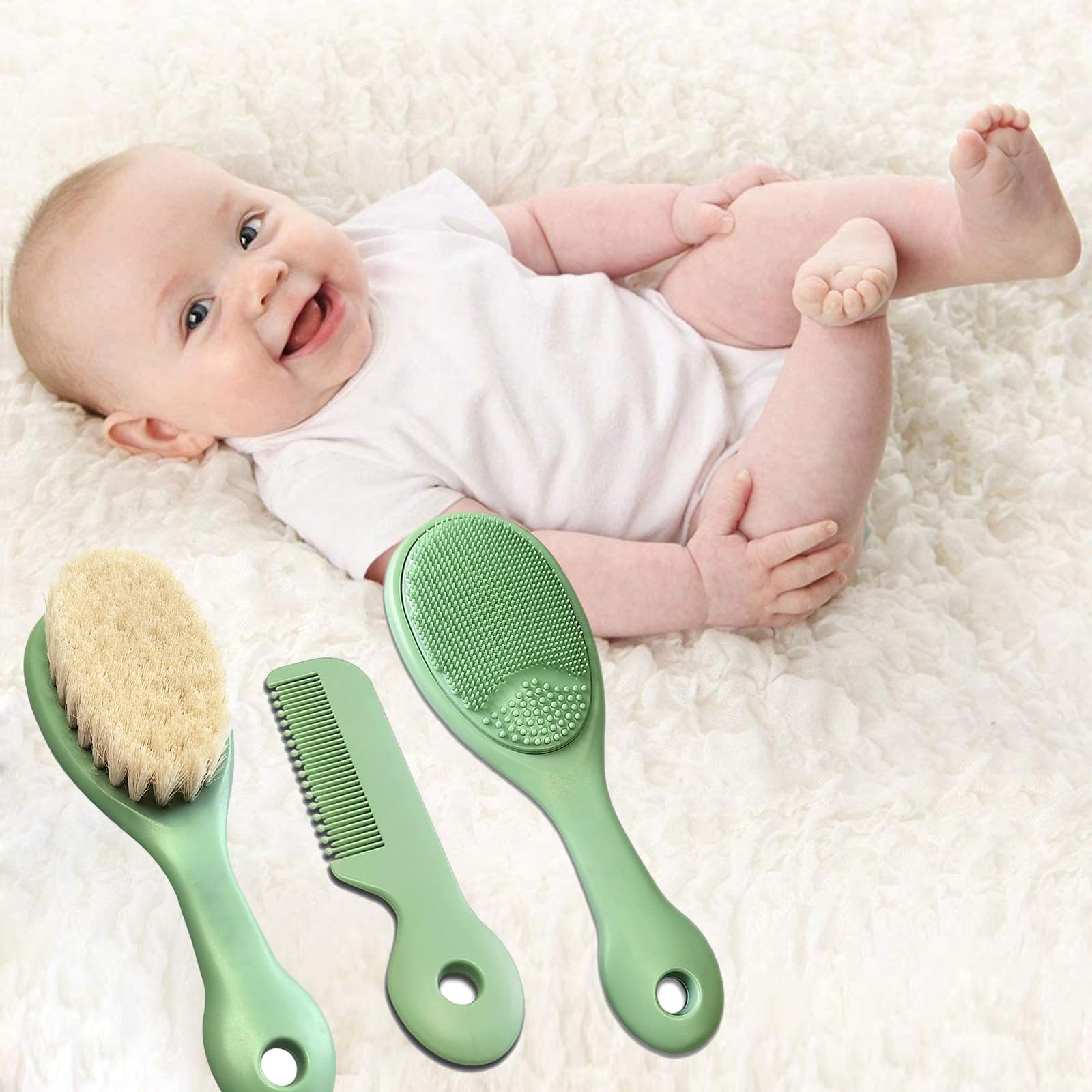 Set di 3 spazzole per capelli e pettini per neonati e bambini, con morbide setole di capra, spazzola da bagno in silicone e pettine per neonati e bambini, regalo perfetto per la lista dei
