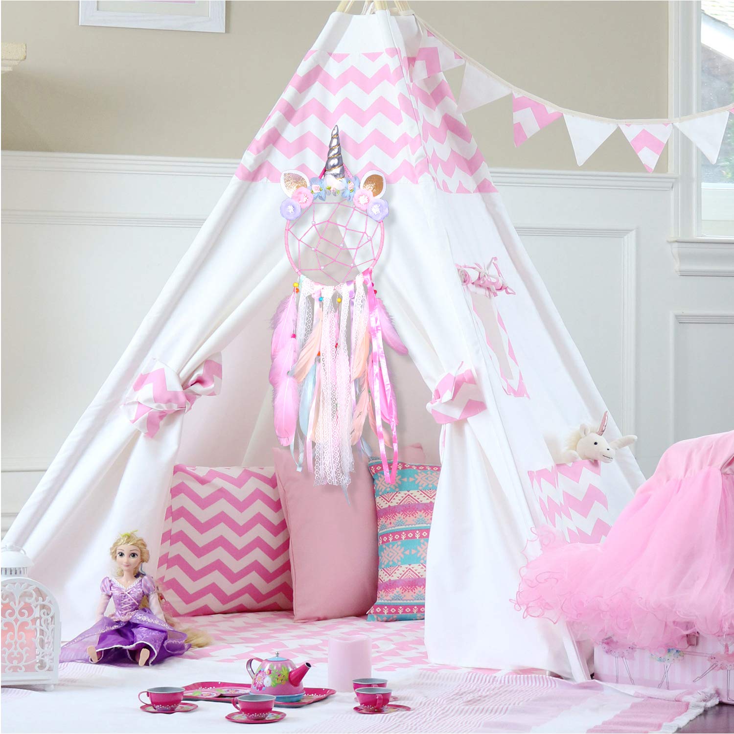 Attrape-Rêves Licorne Rose Nice Dream - Décoration Murale Enfants Avec Plumes, 20cm Diamètre