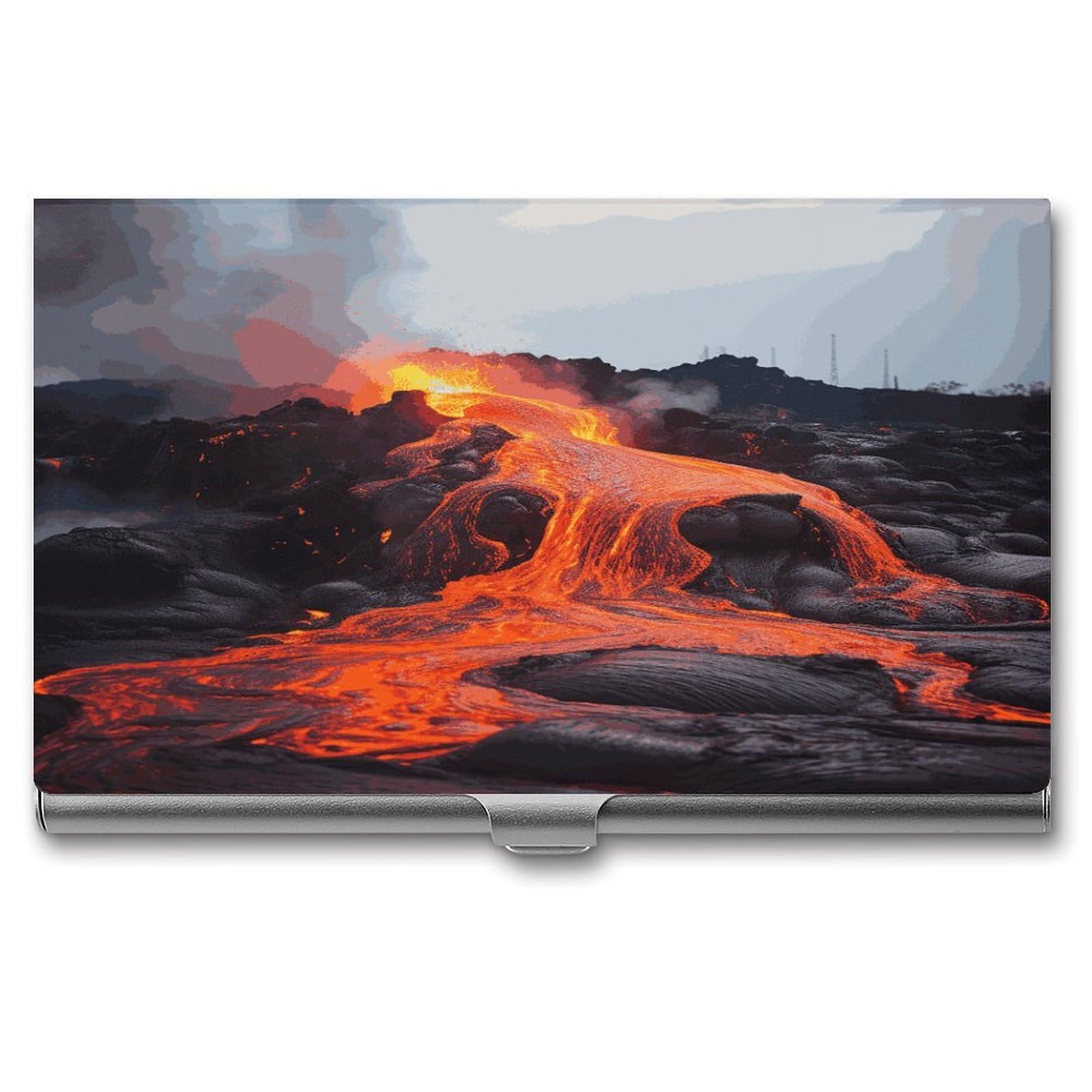 Fekiloot Unisex Style Red Hot Lava From Kilauea Volcano Business Card Holder Slim Aluminum Alloy Flip Cover Business Card Case Waterproof Portable Name Cards Organizer Lightweight Pocket Cards Holder