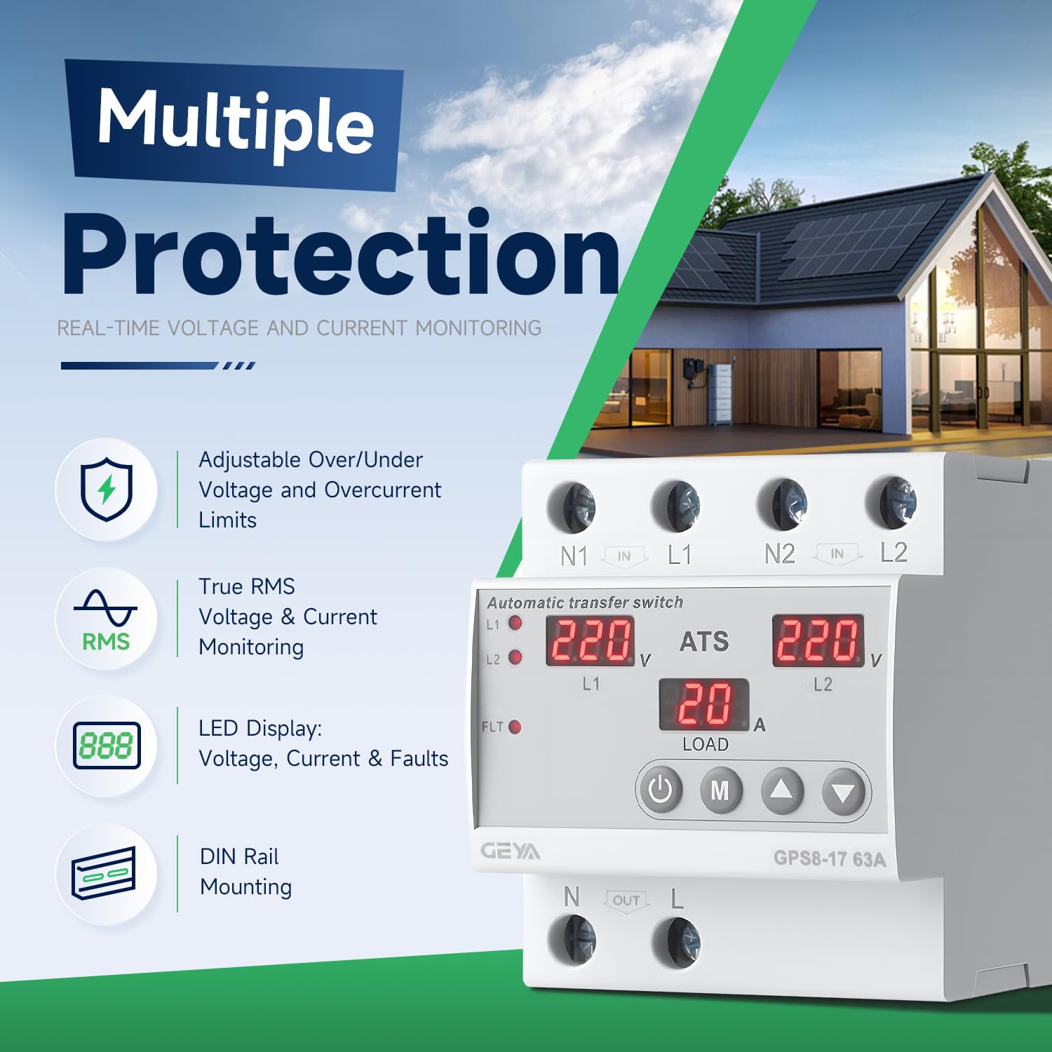GEYA GPS8-18 63A 110V 3 Phase Automatic Transfer Switch, Dual Power ATS with Over/Under Voltage and Overcurrent Protection, Adjustable Priority Phase Selector, DIN Rail Mount for Generator image 2