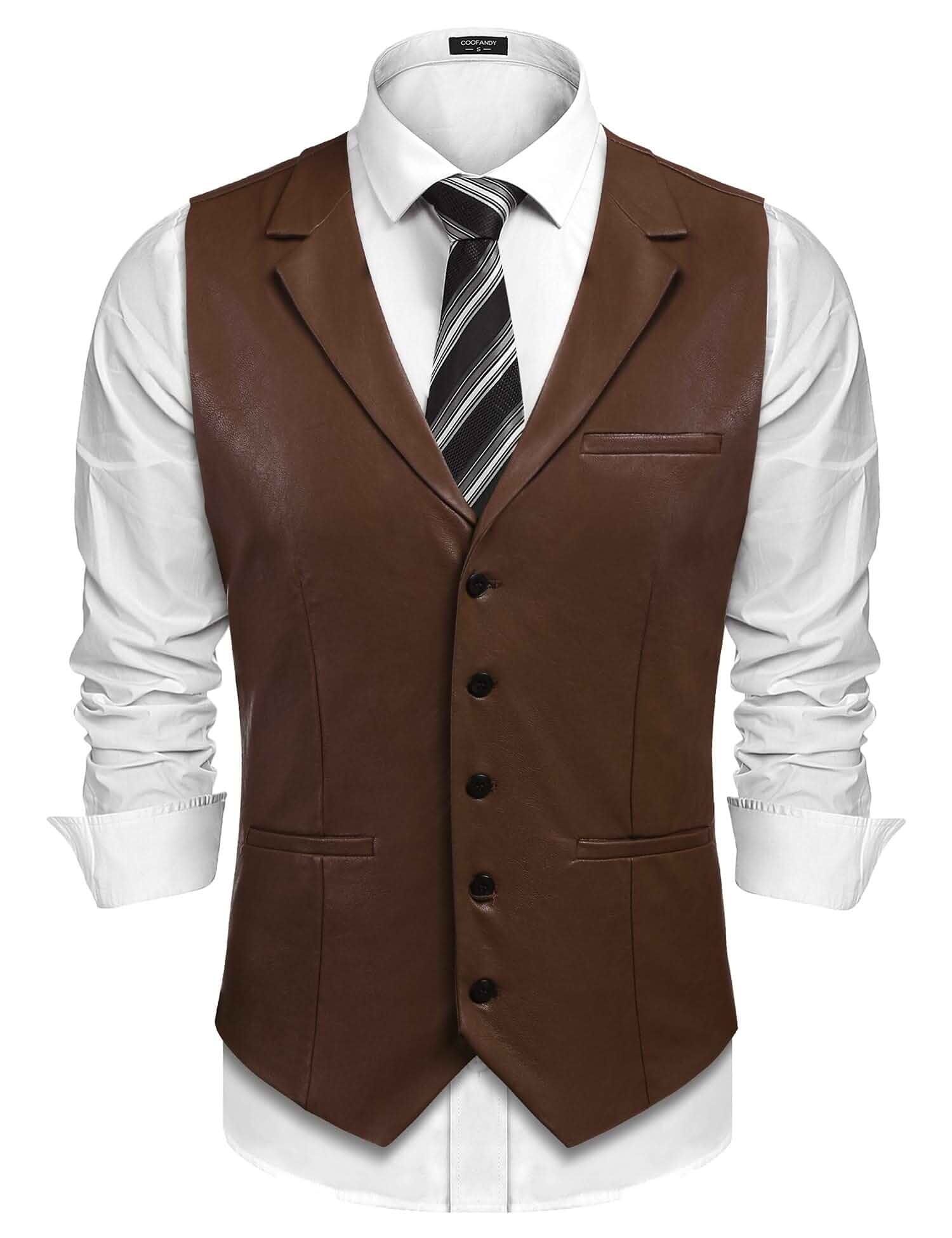 COOFANDY Mens Western Vest Leather Suit Vest Halloween Cowboy Waistcoat V-Neck Leather Vest with Lapel, Retro Vintage Style, Western Outfit Cowboy Costume, Halloween Clothes