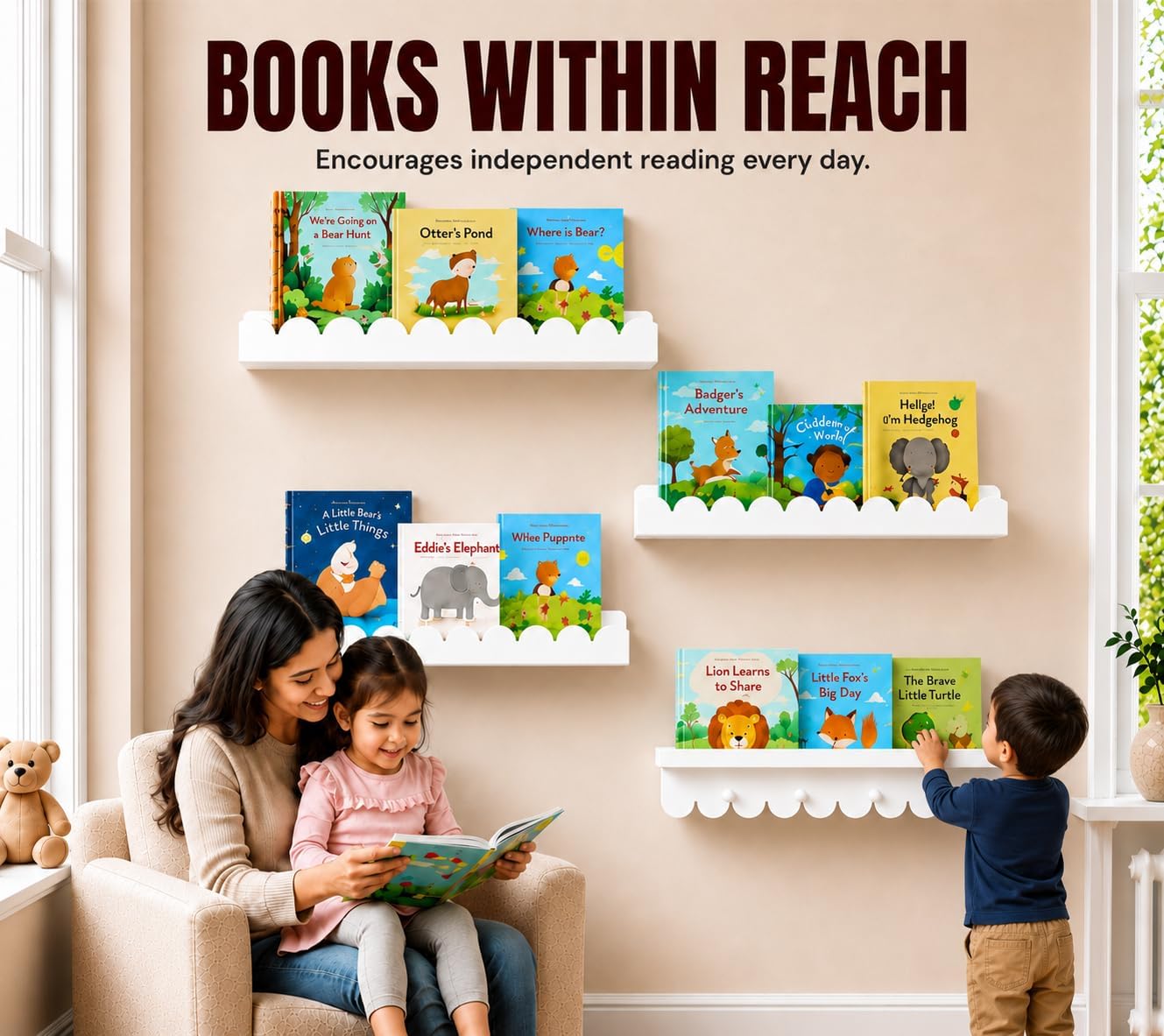 Nursery Book Shelves, 4 Pack White Floating Shelves for Wall Kids, Wall Book Shelves, Scalloped Shelves for Bedroom Kids, Toddler Room, Baby Room, Nursery Decor