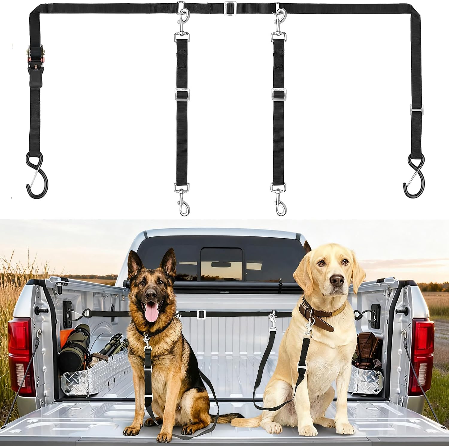 Double Dog Truck Bed Leash -Adjustable Ratchet Tightening Tether System for Two Dogs in SUV, Car Backseat & Pickup Truck, Heavy Duty Nylon with Metal Hardware