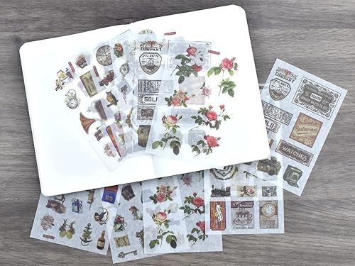 Miniatura 5 de 12 hojas de calcomanías Washi vintage, diseño floral, retro, con fonógrafo, reloj de cámara, máquina de café, entradas, calcomanías para álbumes de