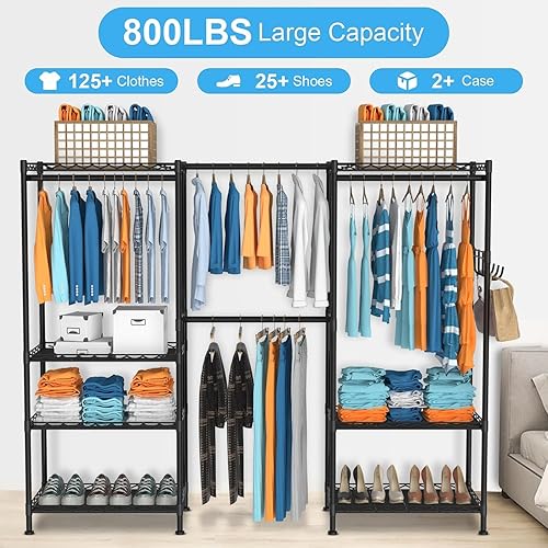 Miniatura 2 de VyGrow Perchero de ropa resistente para colgar ropa, perchero con 4 barras para colgar y 7 estantes, estante ajustable para armario, carga de 800