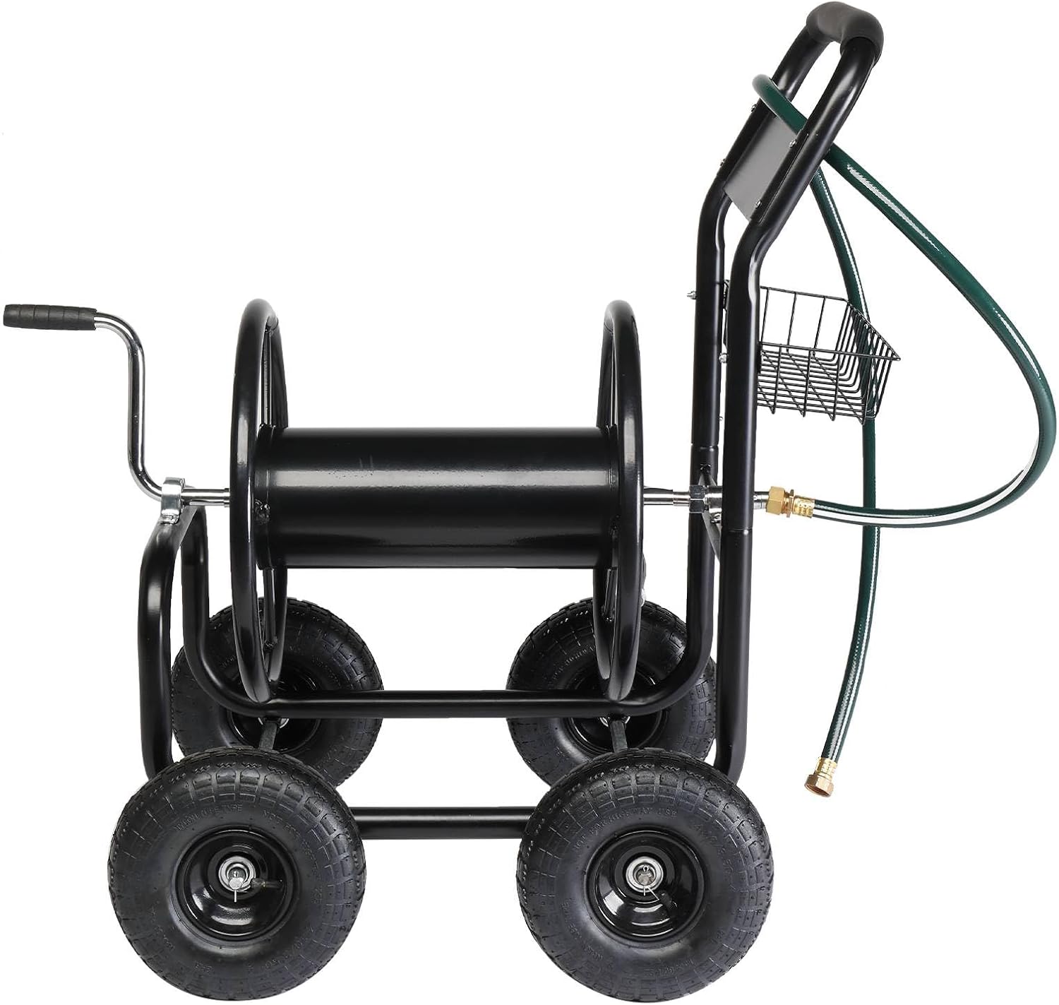 Garden Hose Reel Cart, Stable Sturdy Steel Frame Hose Carts, Easy to Use, Water Hoses Cart with Integrated Basket, Garden Hoses Storage Carts for Garden, Garage, Construction Sites (Black)