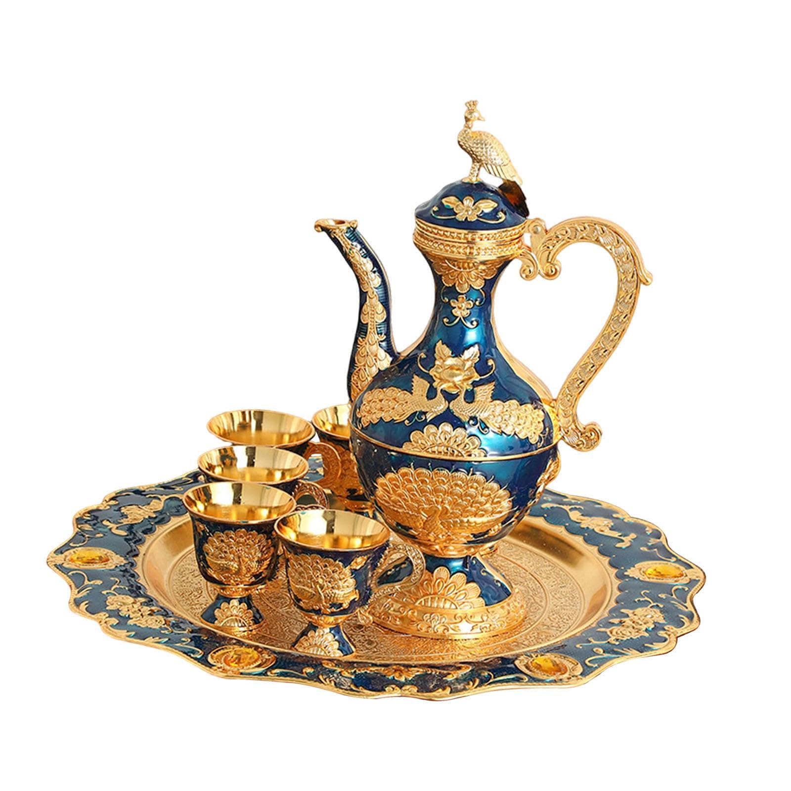 Service à café en porcelaine bleu or de luxe avec cafetière en métal