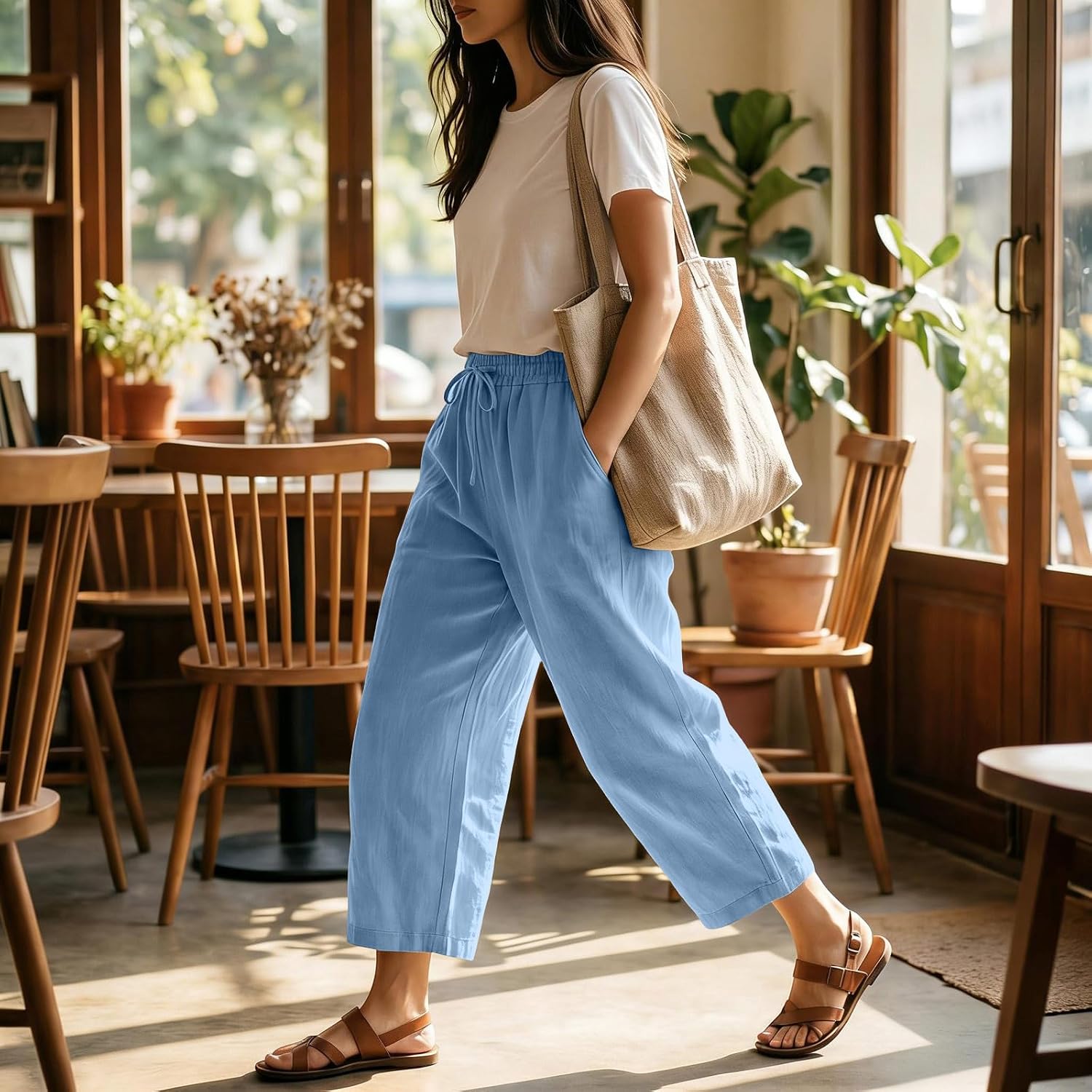 Capri Pants for Women Summer Fashion Flowy Barrel Capris Wide Leg Casual Loose Beach Boho Lounge Cropped Pants