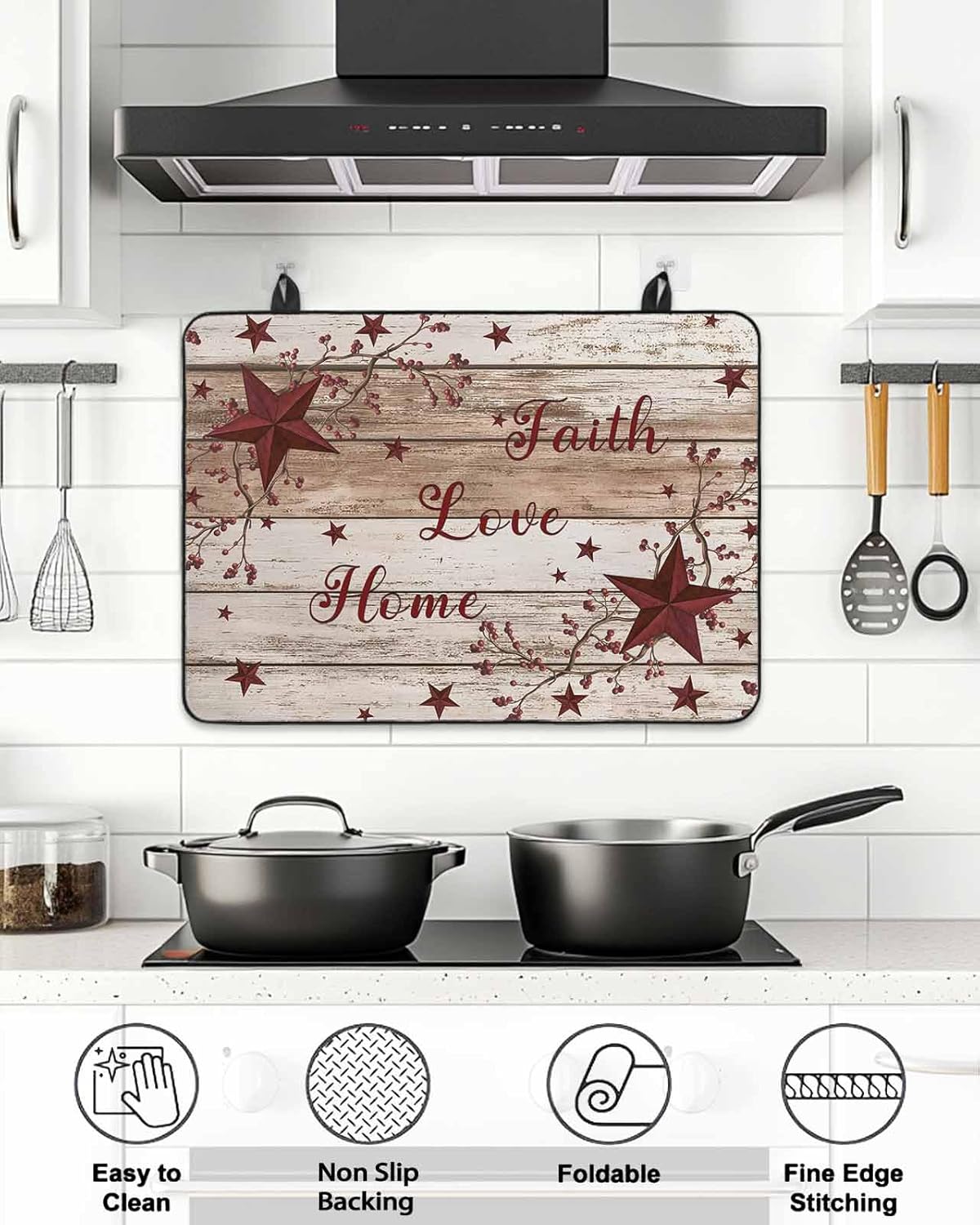 Stove Top Cover Barn Star Berry Stove Cover for Electric Stove Top Brown Wood Faith Love Home Glass Cooktop Covers Anti-Slip Mat Heat Resistant Countertop Protector Kitchen Decor 28.5"x20.5"