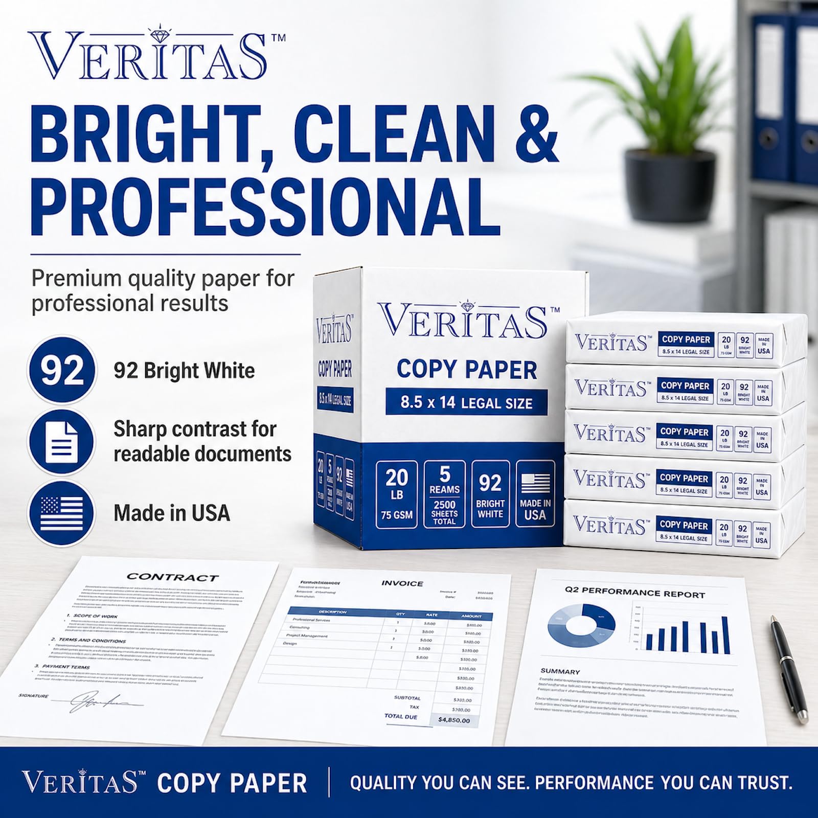 Veritas Kopierpapier, 8,5 x 14 cm, legale Größe, 5 Ries, 2500 Blatt insgesamt, 92 kg / 75 g/m², 92 hellweißes Mehrzweck-Druckerpapier für Büro, Geschäft, juristische Dokumente, Laser und Tintenstrahl