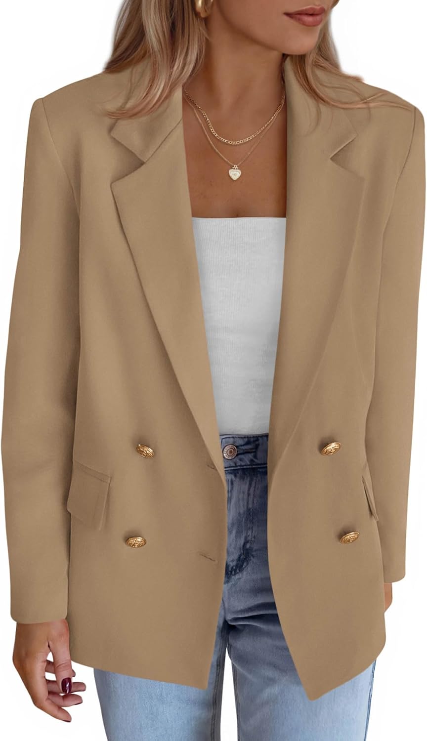 KIRUNDO Blazers for Women Business Casual 2025 Fall Long Sleeve Double Breasted Open Front Work Suit Jackets with Pockets