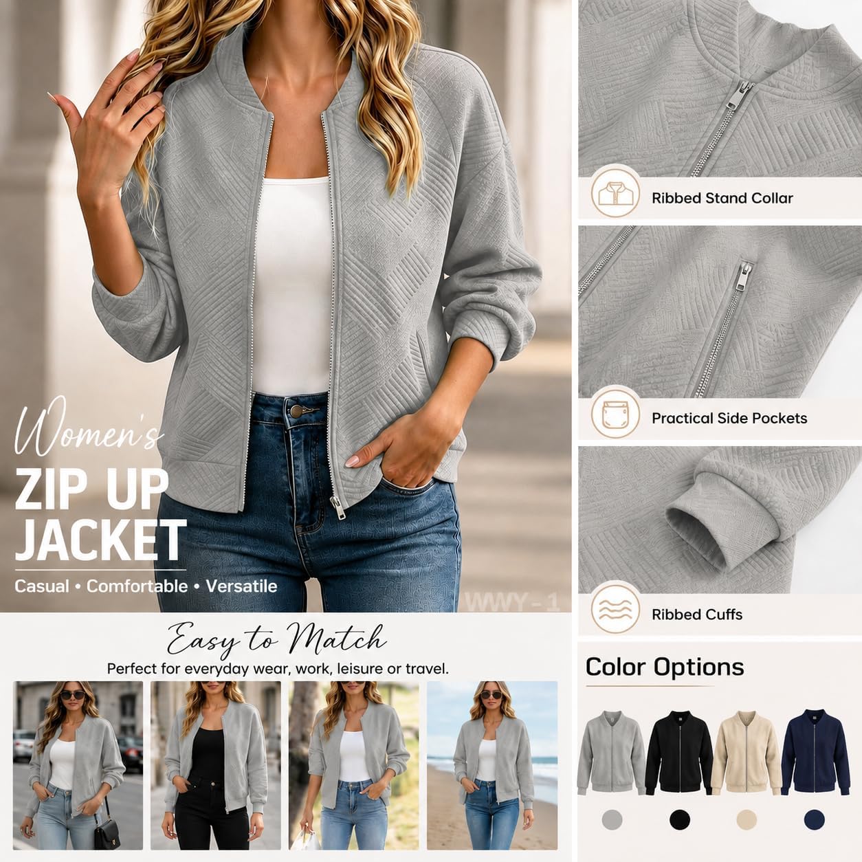 Generisch Bomberjacke Damen Blouson Herbstjacke Leichte Reißverschluss Sweatjacke Kurz Pil - Mise en situation et utilisation