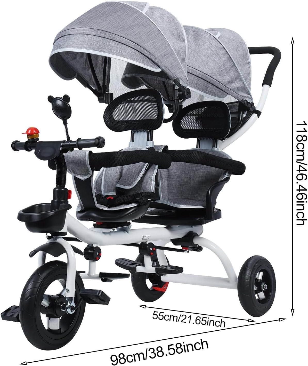 Tandem Tricycle with Double Seat and Canopy, Outdoor Baby Tricycle with Anti-Rollover Rubber Wheels, Sturdy Balanced Pedal Push Car, Twin Walking Toy Gift for Boys and Girls Grey