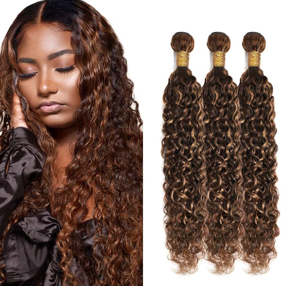 Creuost Human Hair Bundles p4/30 Highlight Brown Color Water Wave Weave 3 Bundles Total 300g Unprocessed Glueless Virgin Double Weft Human Hair Extension 26 28 30 Inch