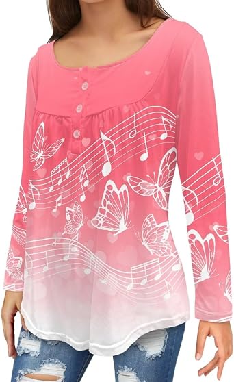 Sunflowers Tunic Tops for Women Butterfly V Neck Long Sleeve Shirts Yellow Flowers Button Up Pleated Blouse