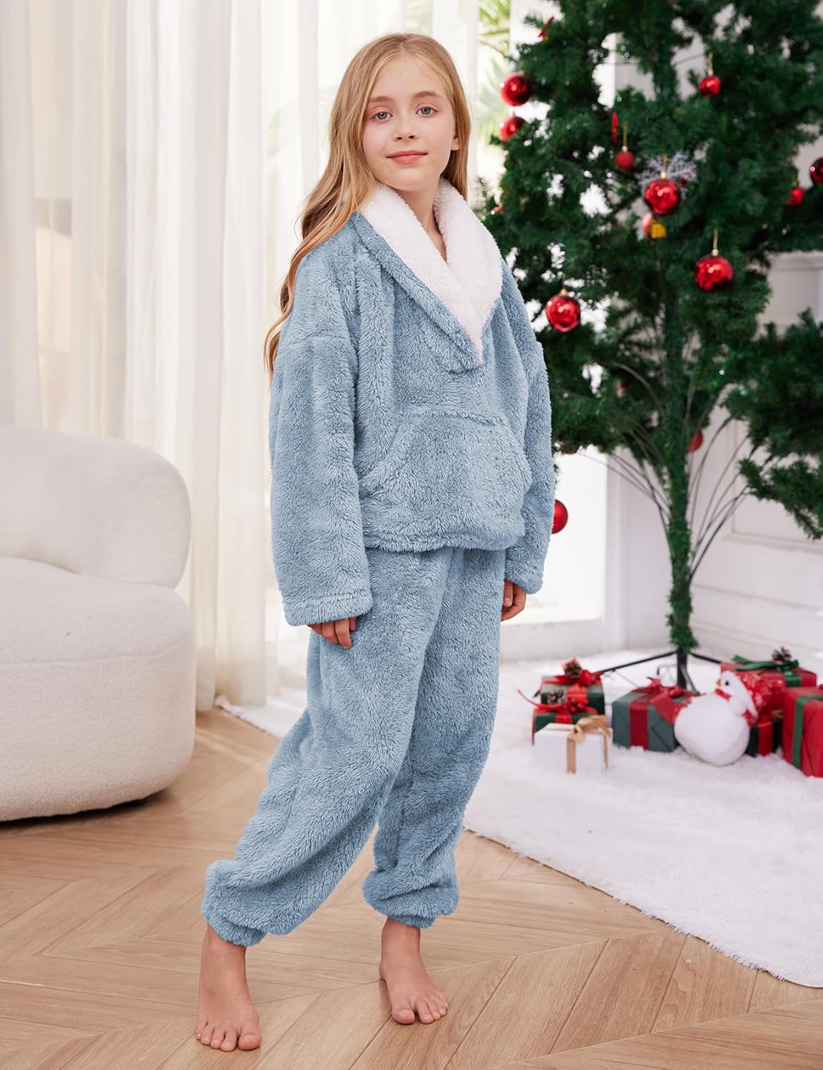 Gihuo Girls Fleece Pants Sets Fuzzy 2 Piece Outfits Lapel Collar Pullover Sweatshirt Set Sweatsuit 5-14Y - Image 6