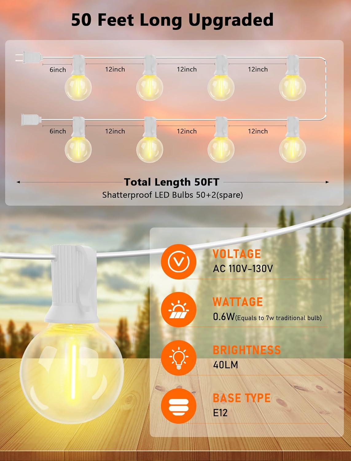 Outdoor LED String Lights 50ft - G40 Edison Bulbs with Clear Plastic Globes, Dimmable Waterproof Commercial Grade Fairy Lights for Wedding/Backyard/Cafe, Indoor Outdoor Party Decoration (Warm White)