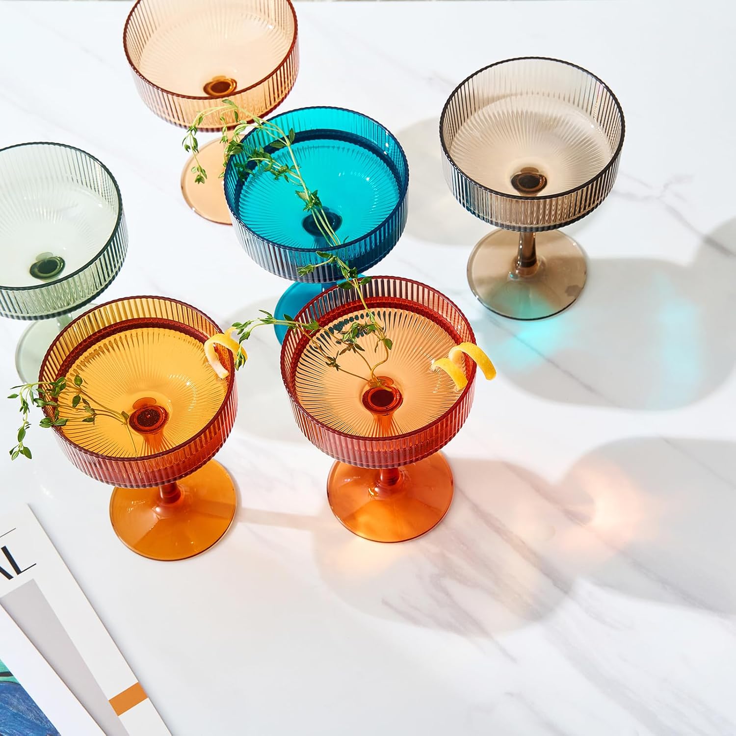 Khen Shatterproof Acrylic Ribbed Vintage Art Deco Martini, Champagne & Cocktail Muted Color Plastic Coupe Glasses | Set of 6 | 8 oz Ripple Glassware Classic Cocktail Indoor & Outdoor, European Style - Image 6