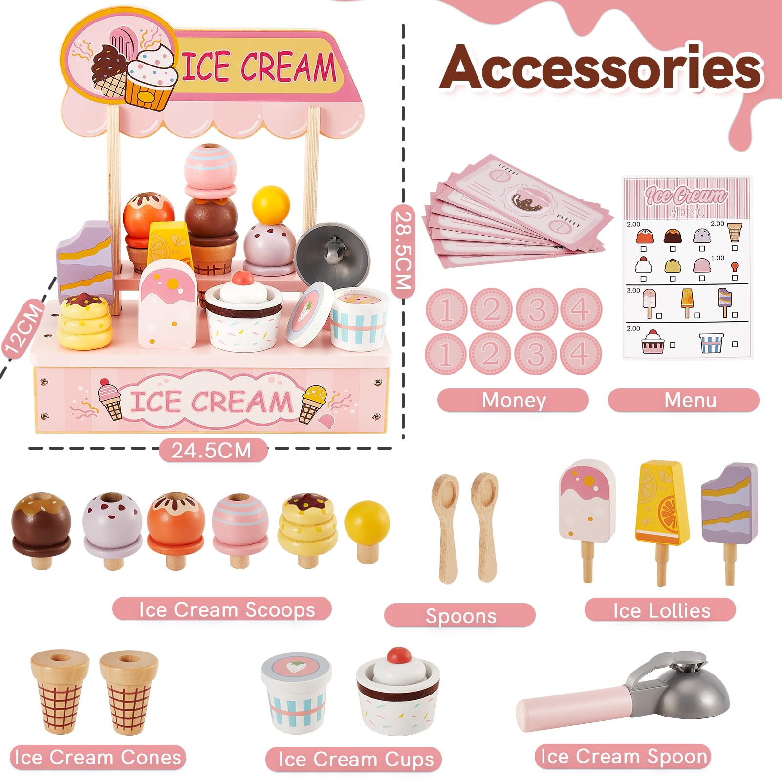 HERSITY Jouet Glacier en Bois pour Enfant avec Stand de Glace, Accessoires Cuisine Desserts Jeu Educatif Enfants Jouet Cadeau pour Garçon Fille 2 Ans+ (‎Rose)