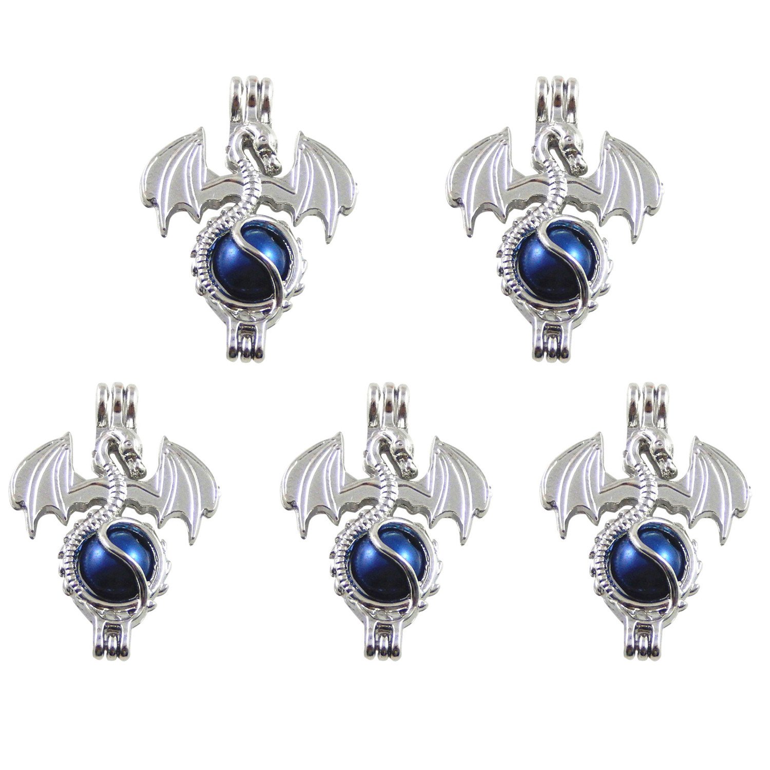 JJG5PCS White Gold Plated Pearl Bead Cage Locket Pendants for Essential Oil Scent Diffuser Jewelry Making - Dragon