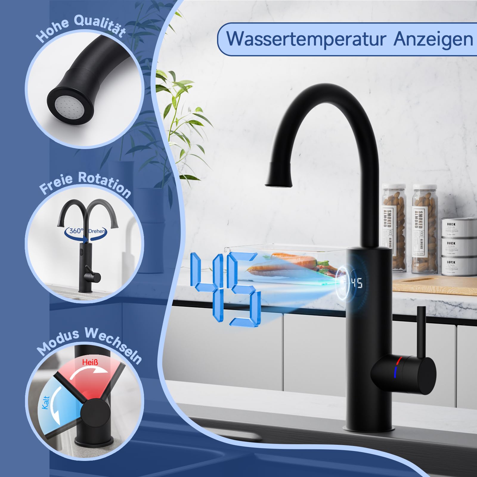 Wasserhahn mit durchlauferhitzer,Schwarz Küchenarmatur Armatur mit integriertem Durchlauferhitzer wasserhahn, 3000W Temperaturanzeige elektrischer wasserhahn, Wasserhahn küche 360° schwenkbar