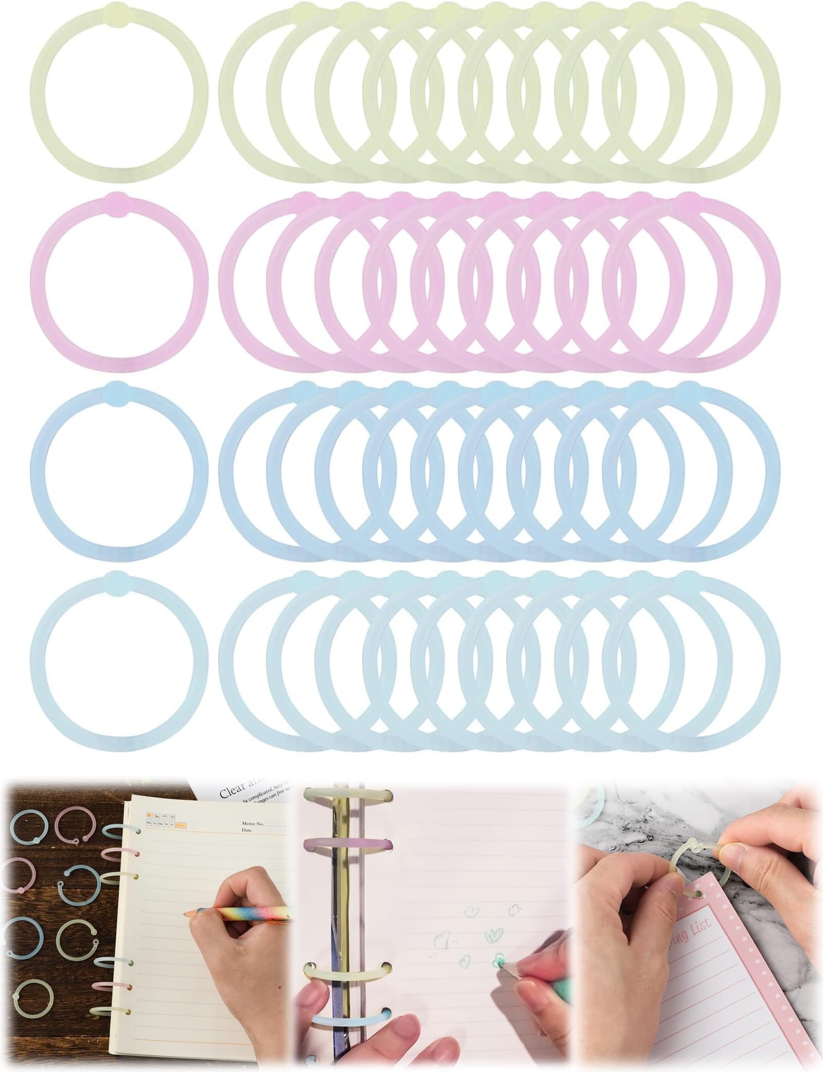 SYOSI 40Pcs Plastic Loose Leaf Rings, 1inch Multi Color Plastic Binder Rings Book Keychain Rings Flexible for Cards Document Stack and Calender Organization School Home Office Use, 4 Colors (25mm)