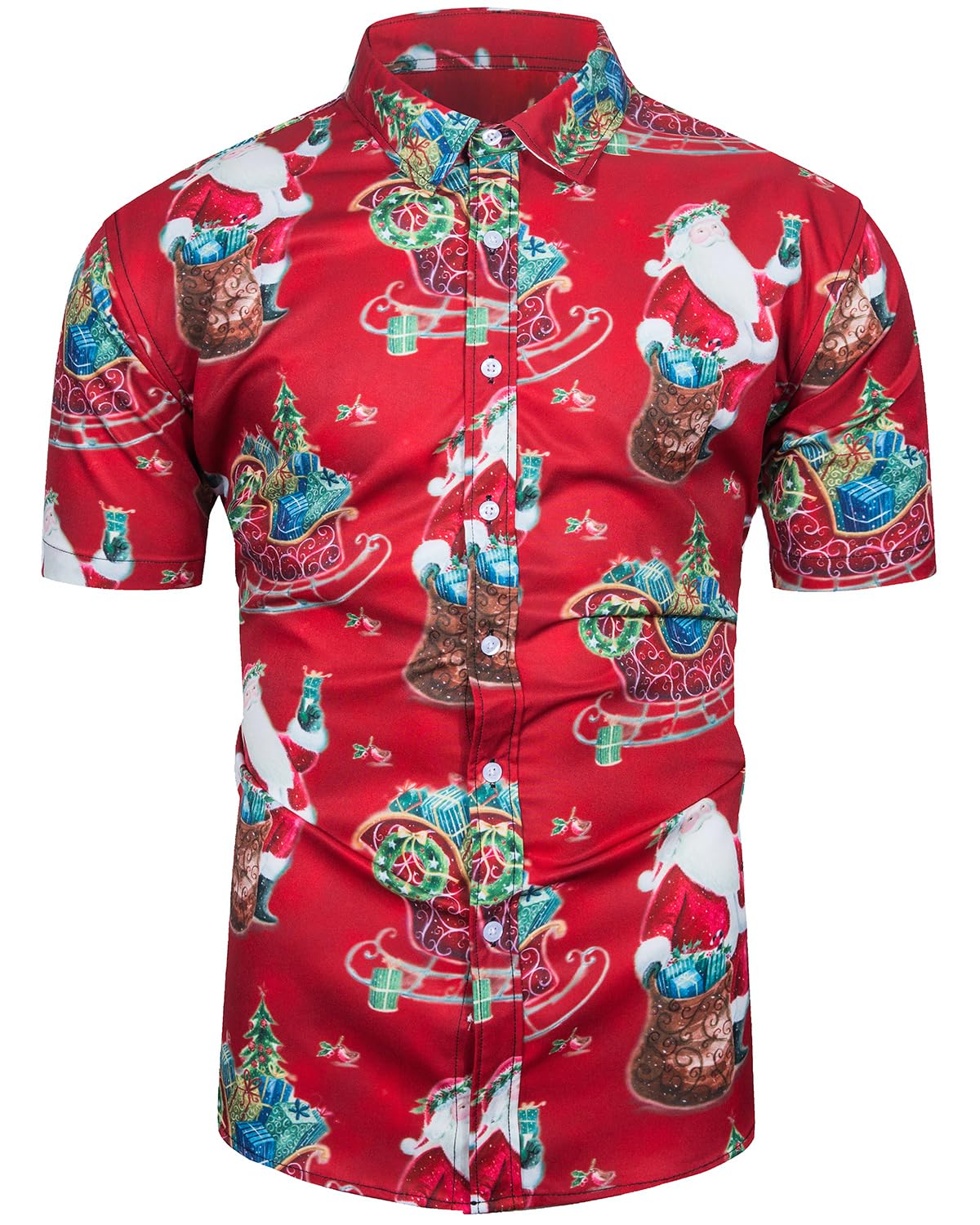 TUNEVUSE Men’s Christmas Shirt: Ugly Santa Claus Party Printed Short Sleeve Funny Casual Hawaiian Christmas Shirt Top (Red, 3XL)