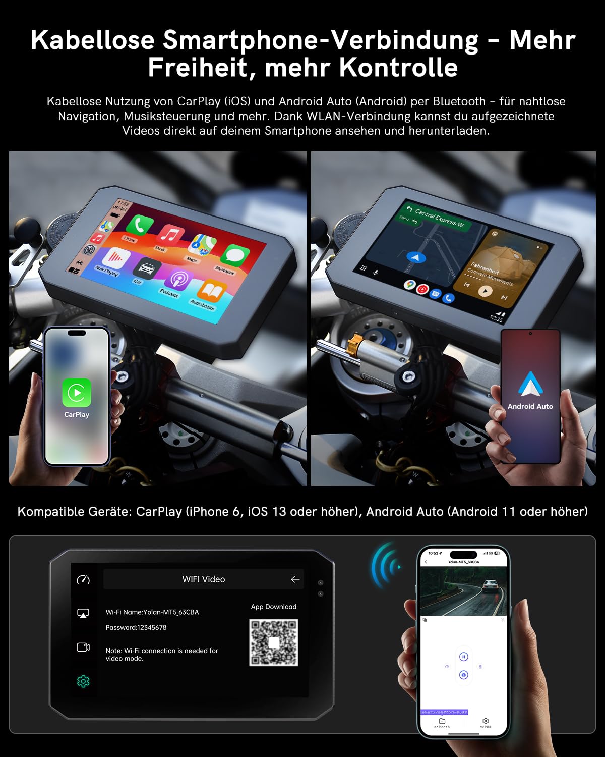 Motorrad Navi Display, CarPlay- & Android Auto kompatibel, 5 Zoll Wasserdichtem Touchscreen, Integriertes GPS, IP68 Wasserdicht, Front-/Rückkameras Motorrad Fahrrekorder