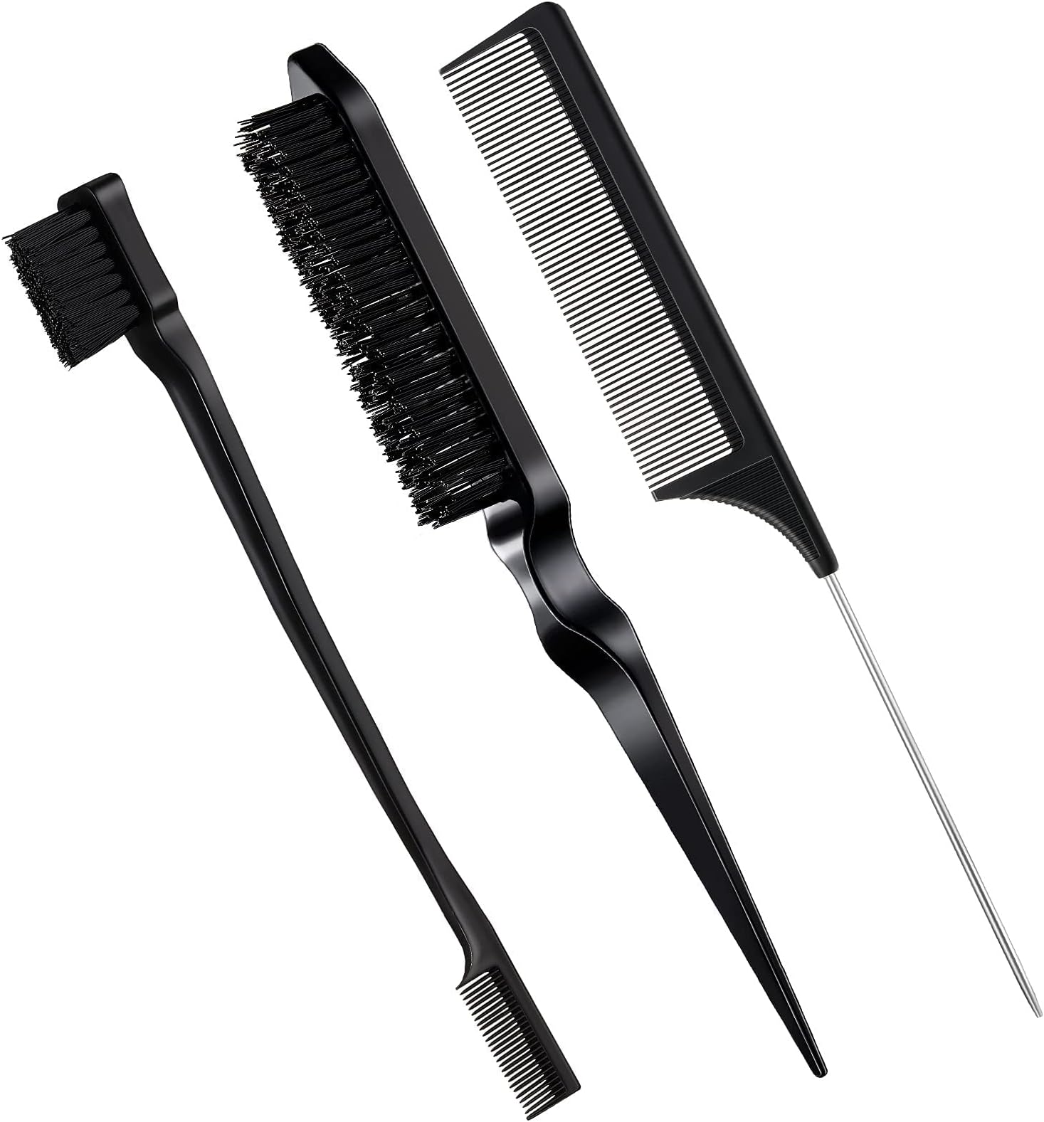 ‎ 3-piece tea brush set, edge and comb, bristle comb sturdy, suitable for travel hairdressers, ladies, babies, children (black), 18cm