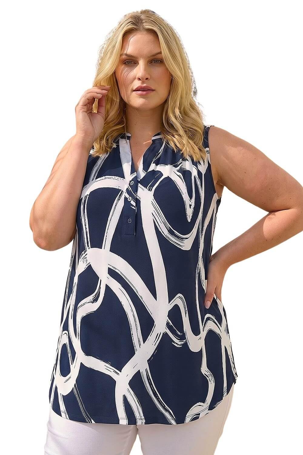 Roman Women's Navy Curve Abstract Print Vest Top In Size 20